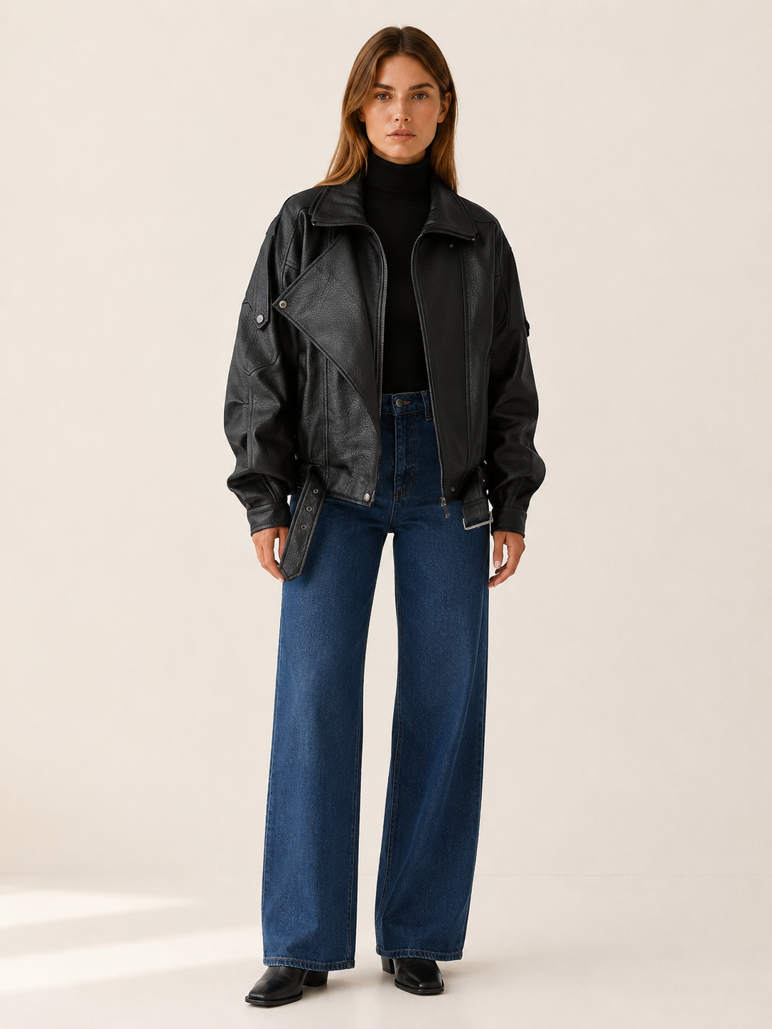 Adaline | Oversized Notch Collar Belted Faux Leather Biker