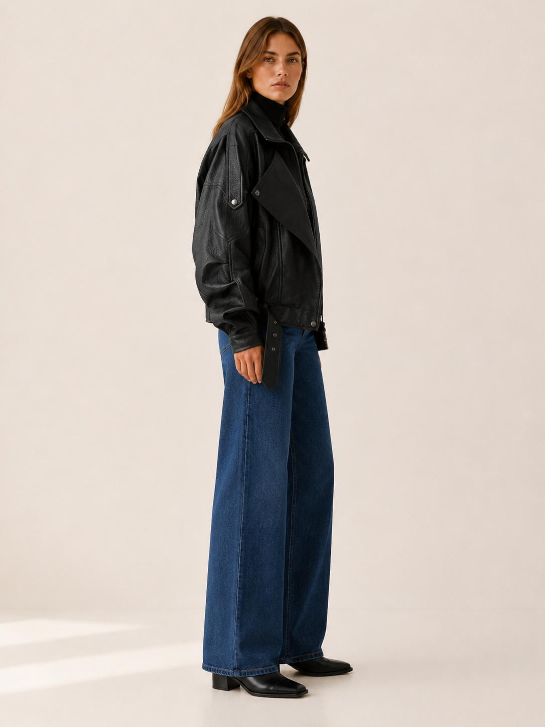 Adaline | Oversized Notch Collar Belted Faux Leather Biker - View 2