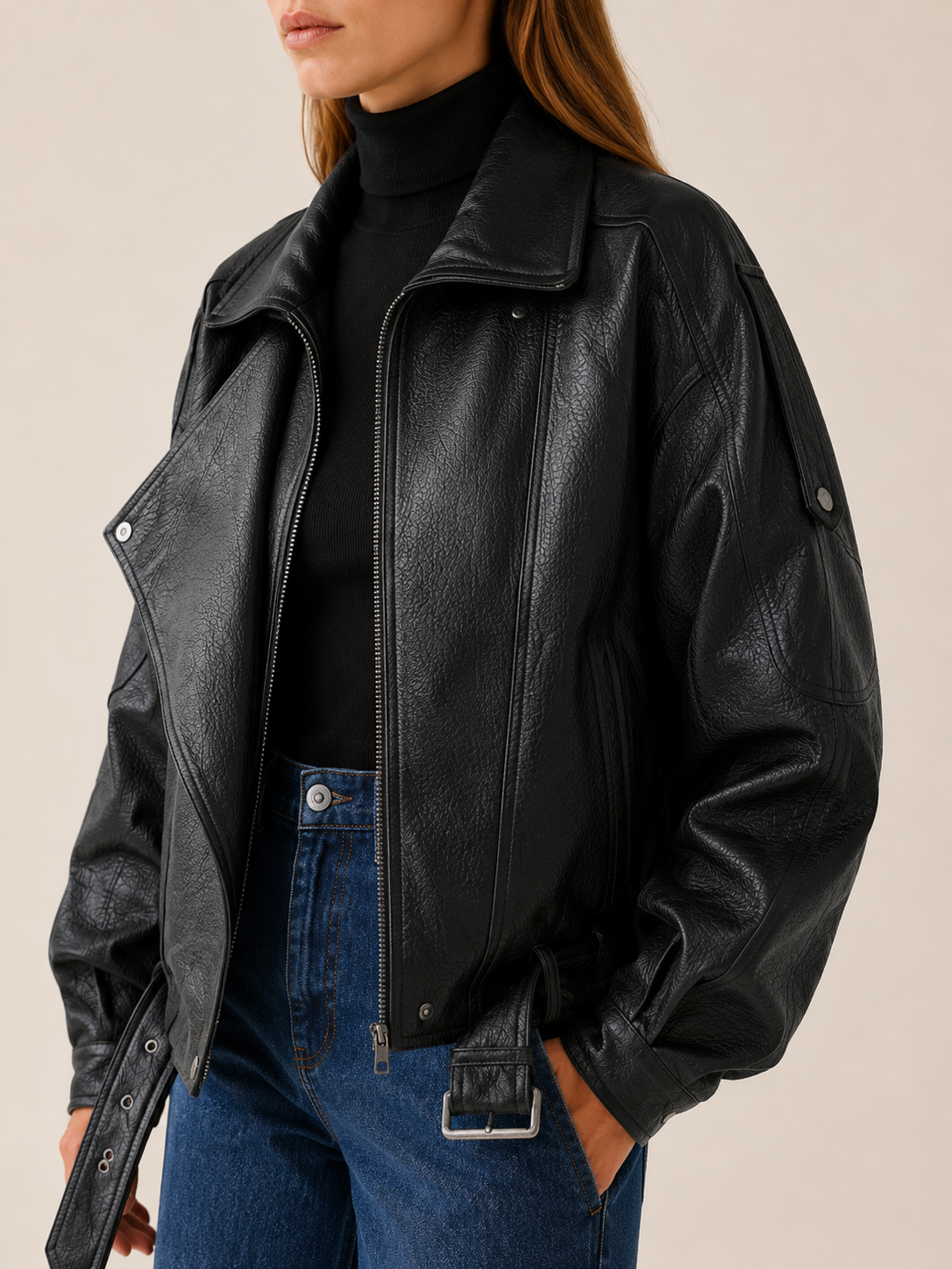 Adaline | Oversized Notch Collar Belted Faux Leather Biker - View 3