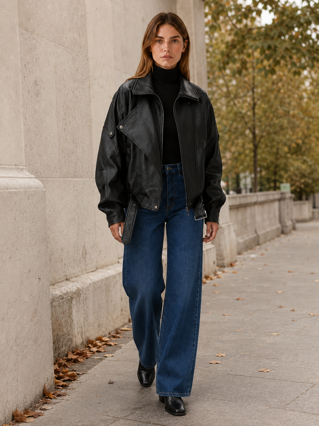 Adaline | Oversized Notch Collar Belted Faux Leather Biker - View 4