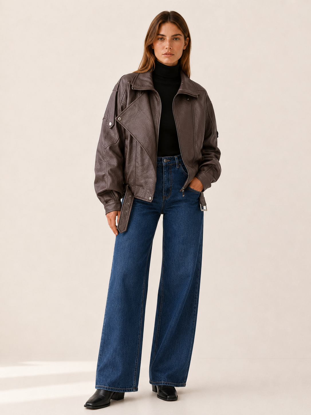 Adaline | Oversized Notch Collar Belted Faux Leather Biker - View 5