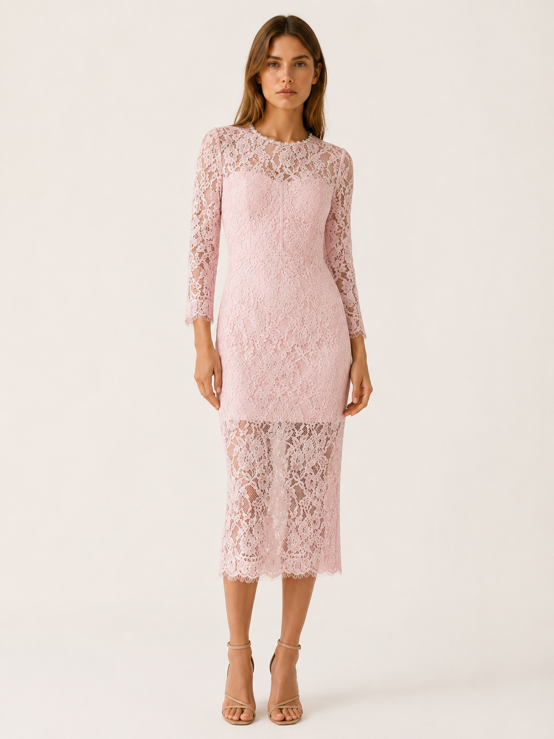 Annika | Scalloped Corded Lace Long Sleeve Midi Dress