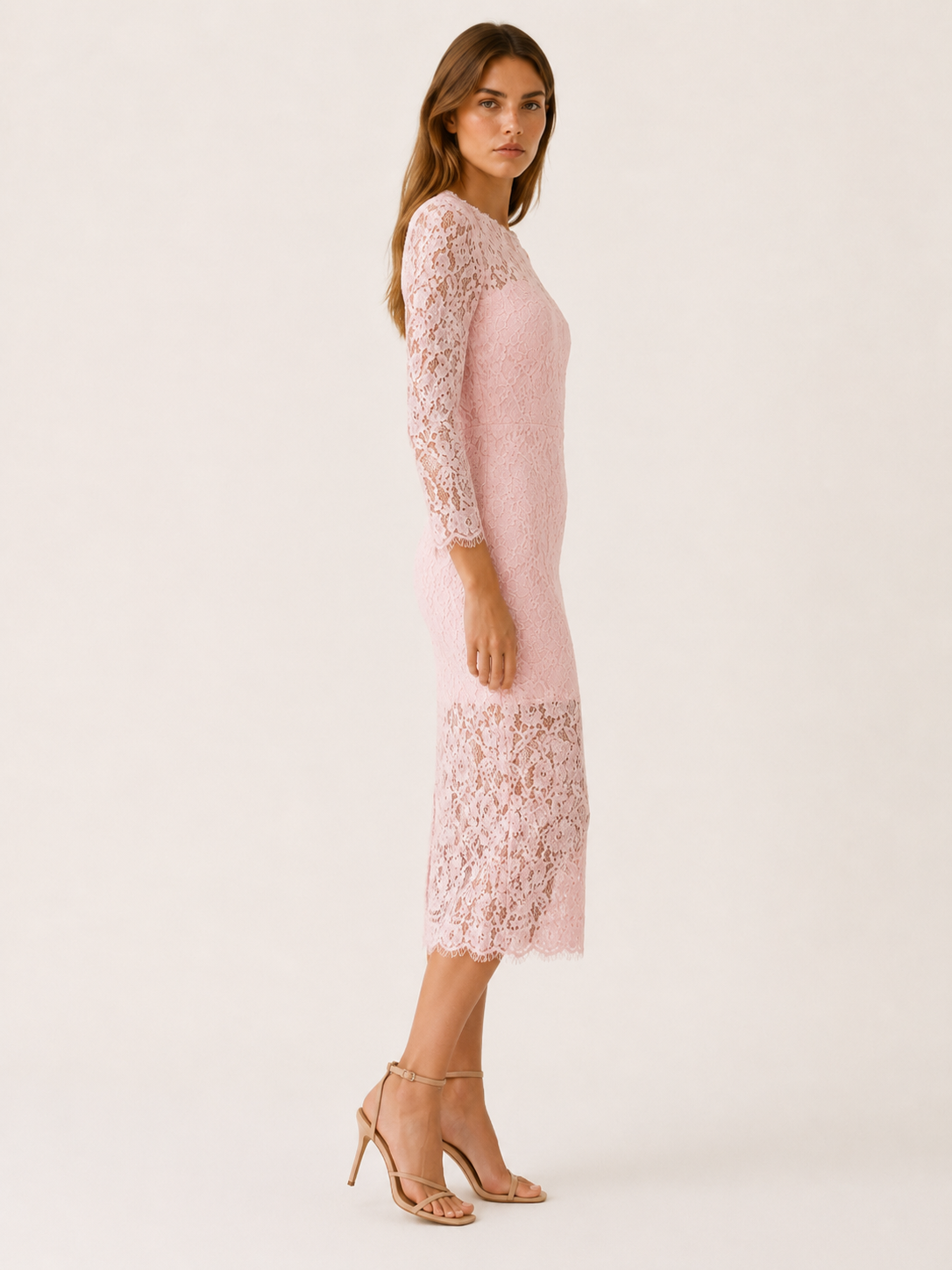 Annika | Scalloped Corded Lace Long Sleeve Midi Dress - View 2