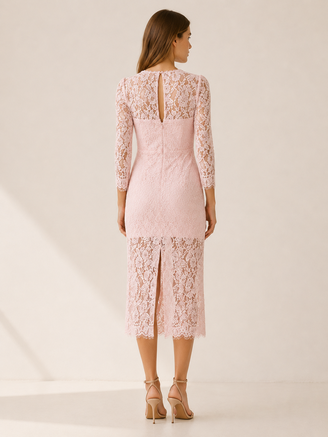 Annika | Scalloped Corded Lace Long Sleeve Midi Dress - View 3