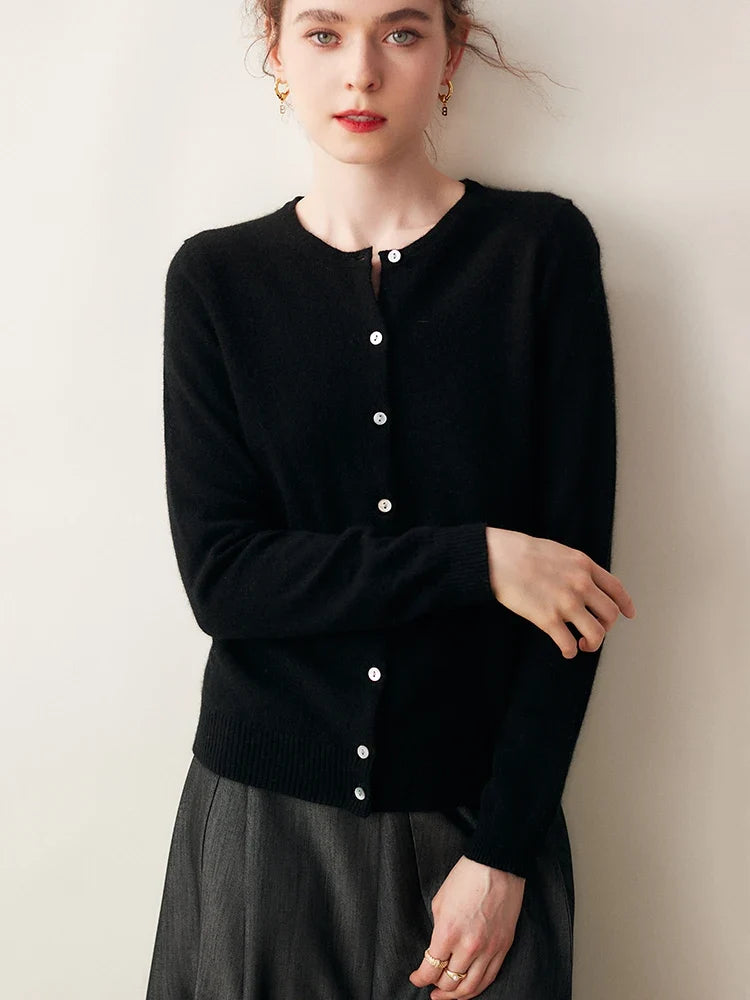 Anouk | Round Neck Pearl Button Cashmere Knit Cardigan - View 14