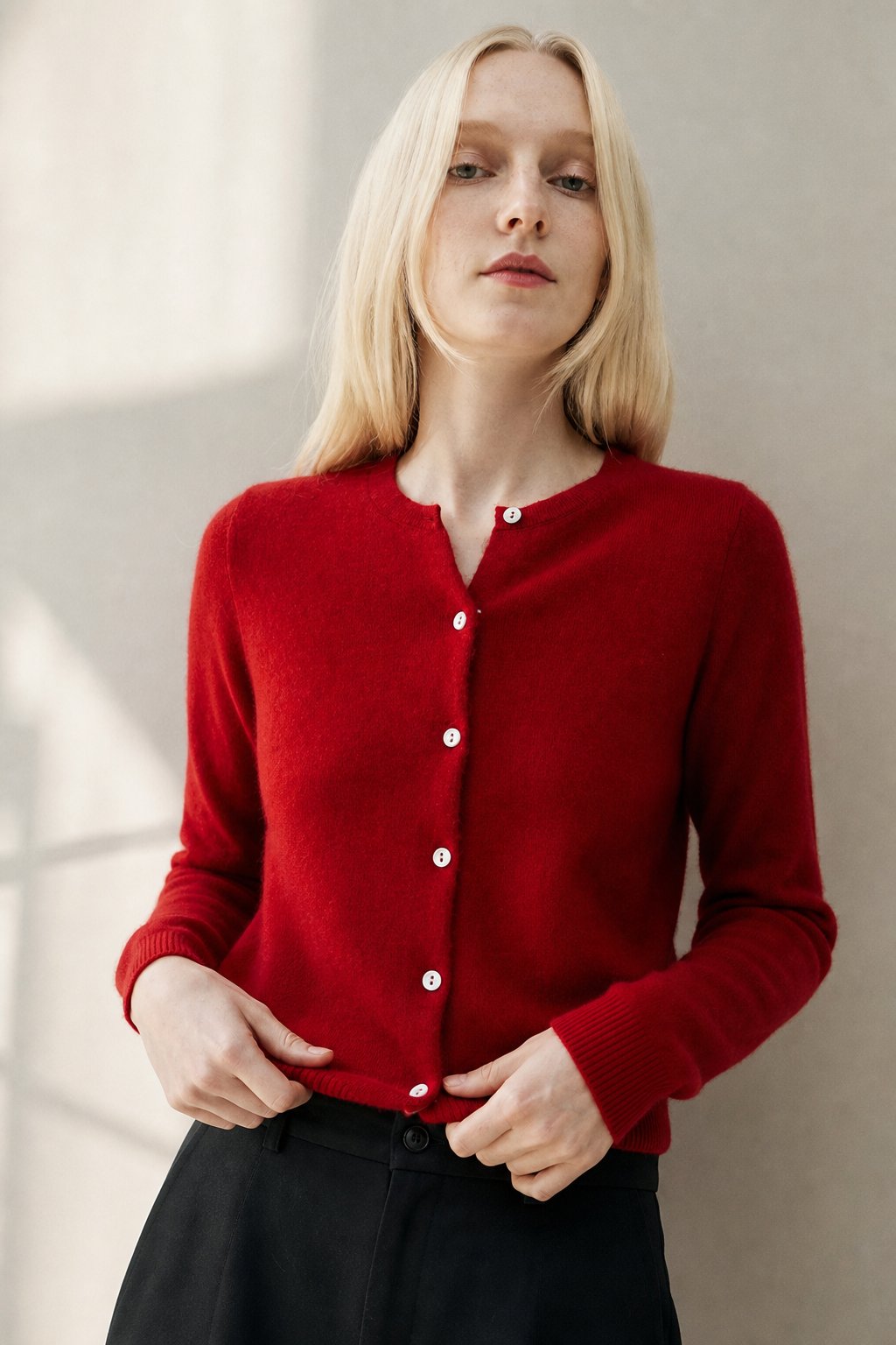 Anouk | Round Neck Pearl Button Cashmere Knit Cardigan - View 2