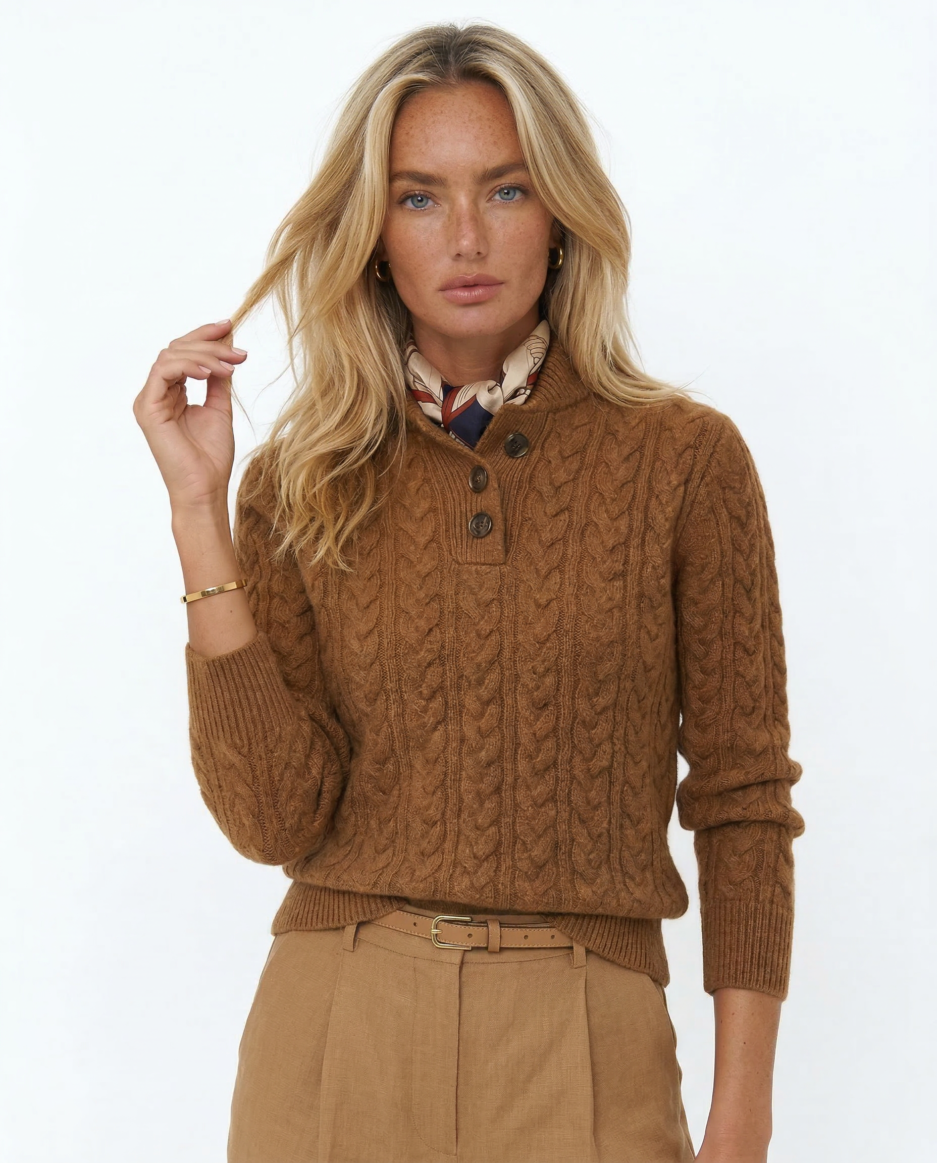 Aveline | Cable Knit Button Henley Cashmere Sweater - View 13
