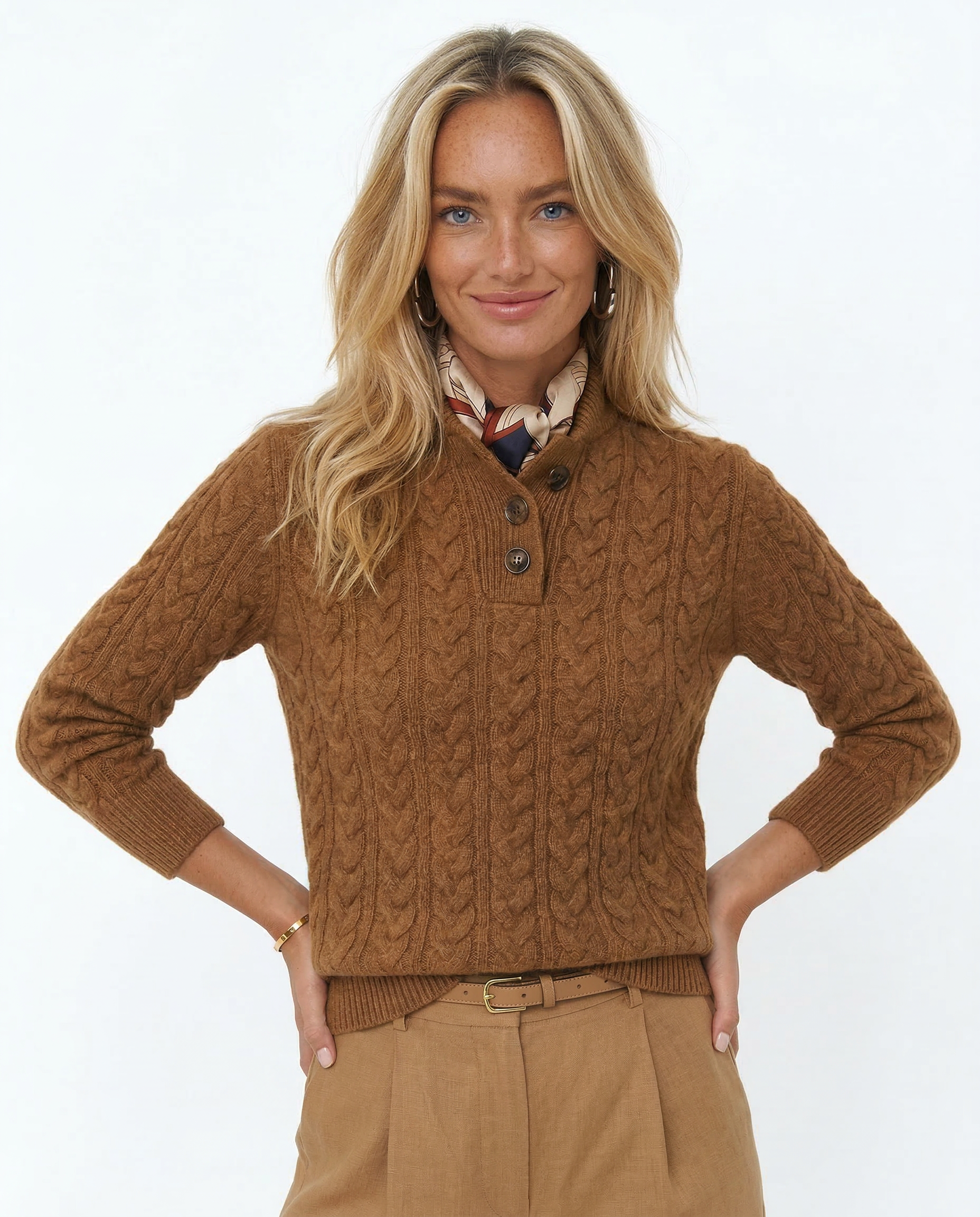 Aveline | Cable Knit Button Henley Cashmere Sweater - View 15