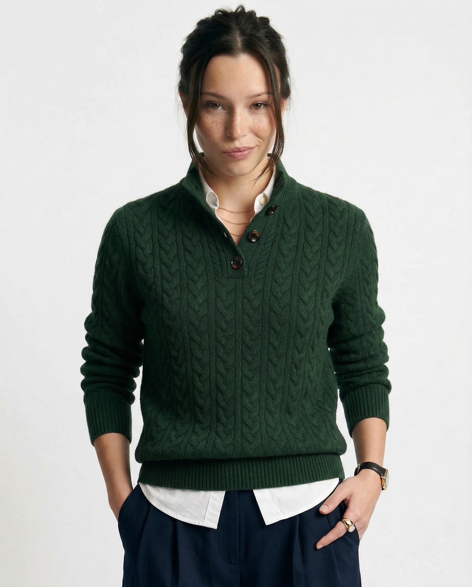 Aveline | Cable Knit Button Henley Cashmere Sweater - View 16