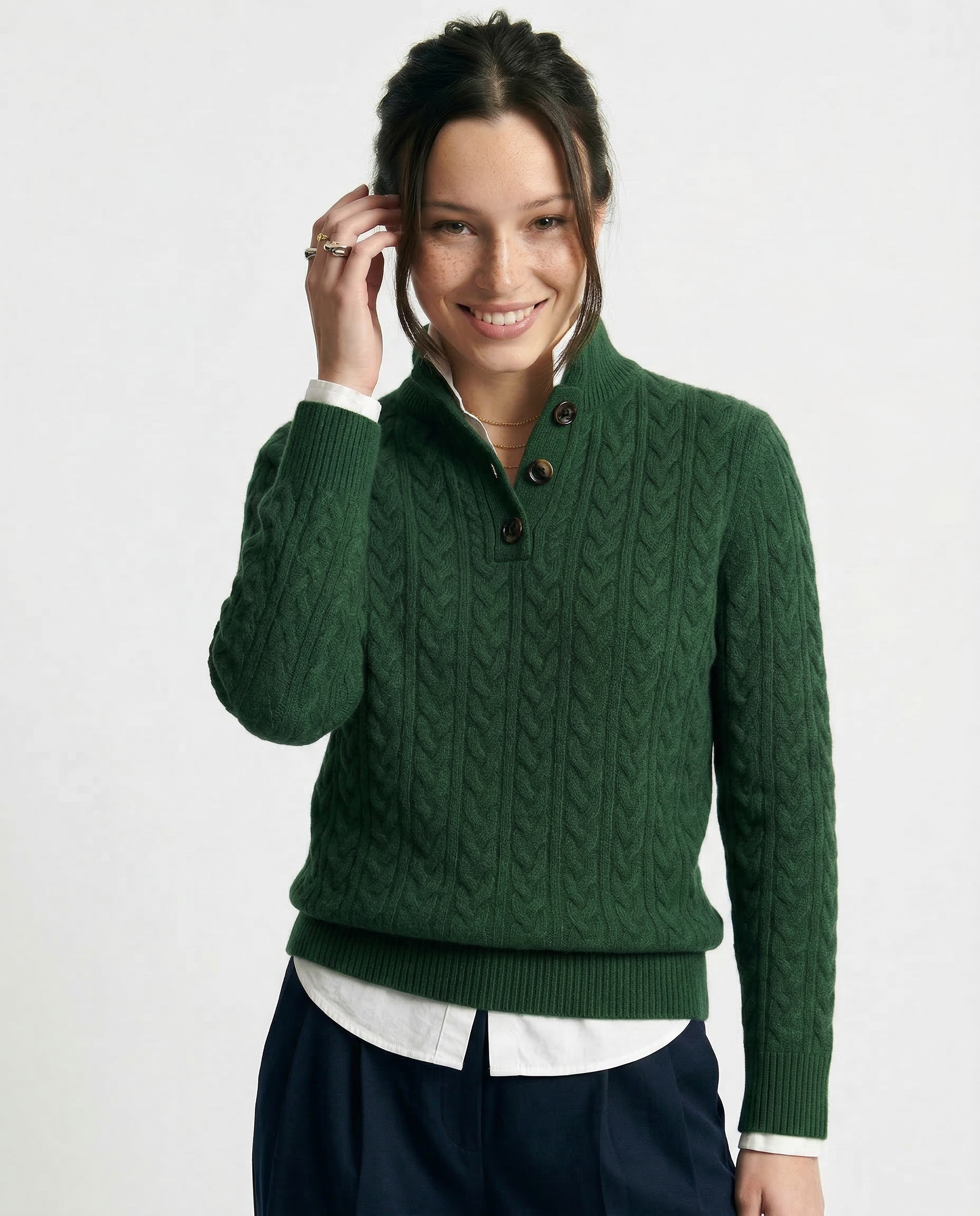 Aveline | Cable Knit Button Henley Cashmere Sweater - View 17
