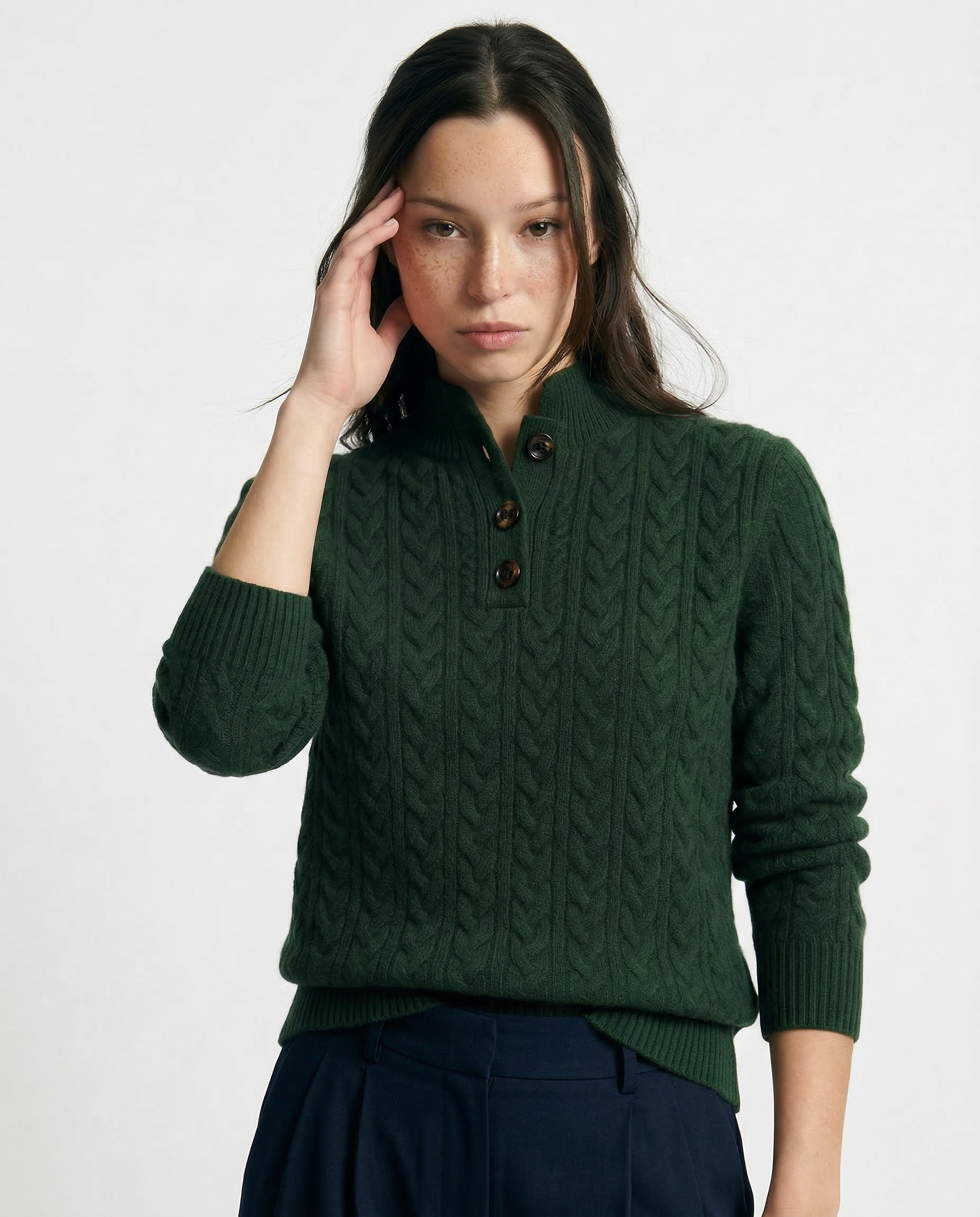 Aveline | Cable Knit Button Henley Cashmere Sweater - View 18