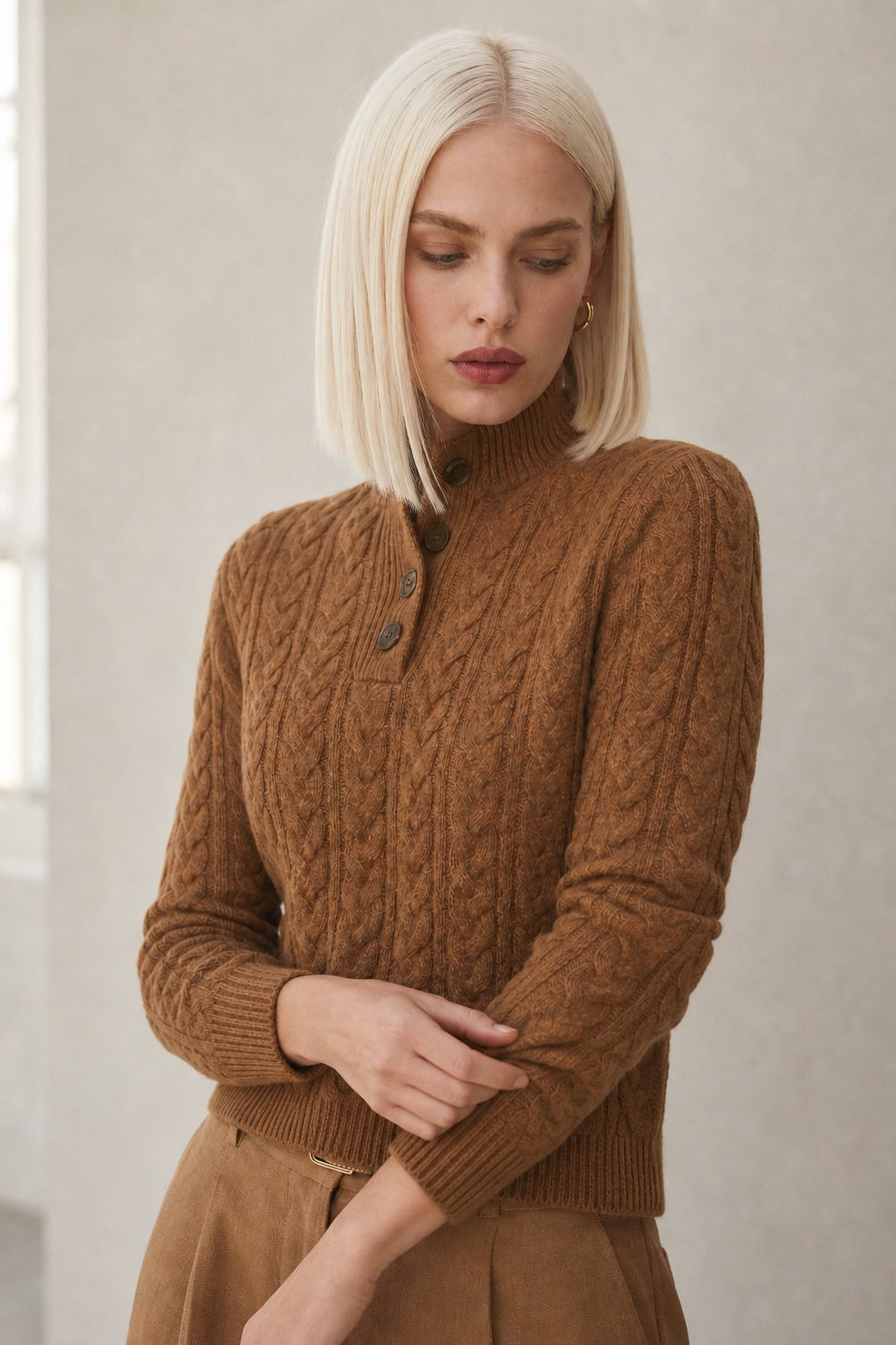 Aveline | Cable Knit Button Henley Cashmere Sweater - View 2