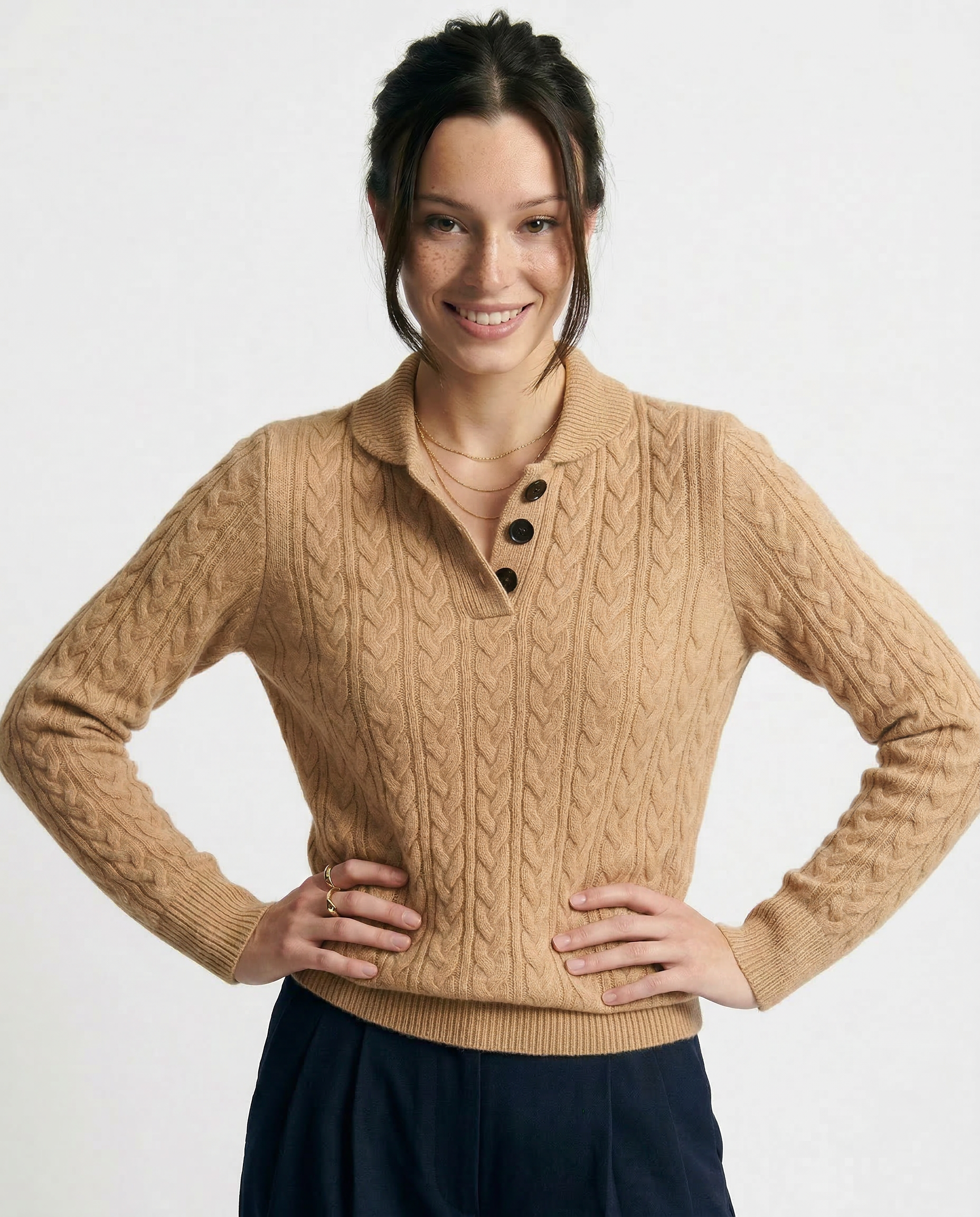 Aveline | Cable Knit Button Henley Cashmere Sweater - View 20