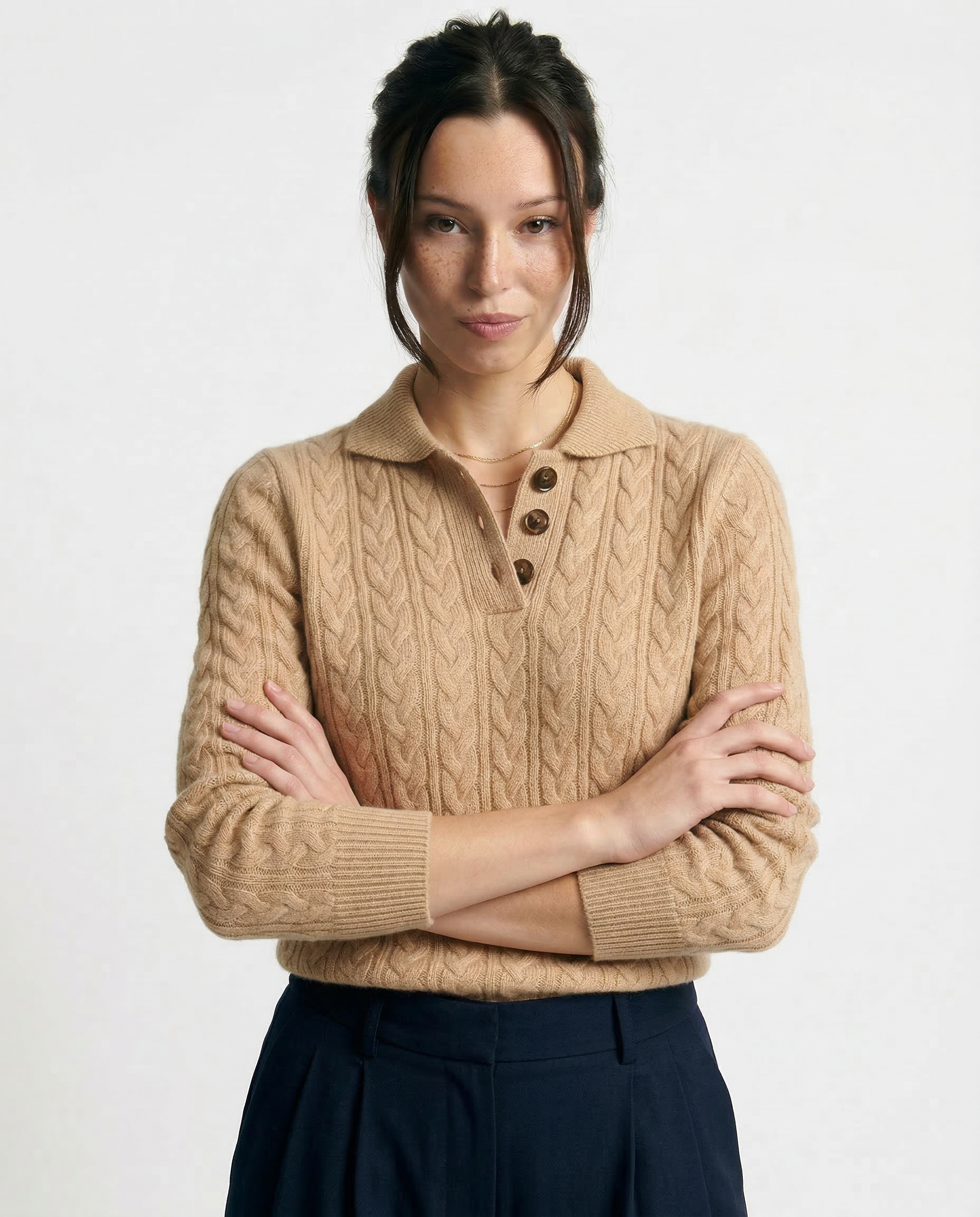 Aveline | Cable Knit Button Henley Cashmere Sweater - View 21