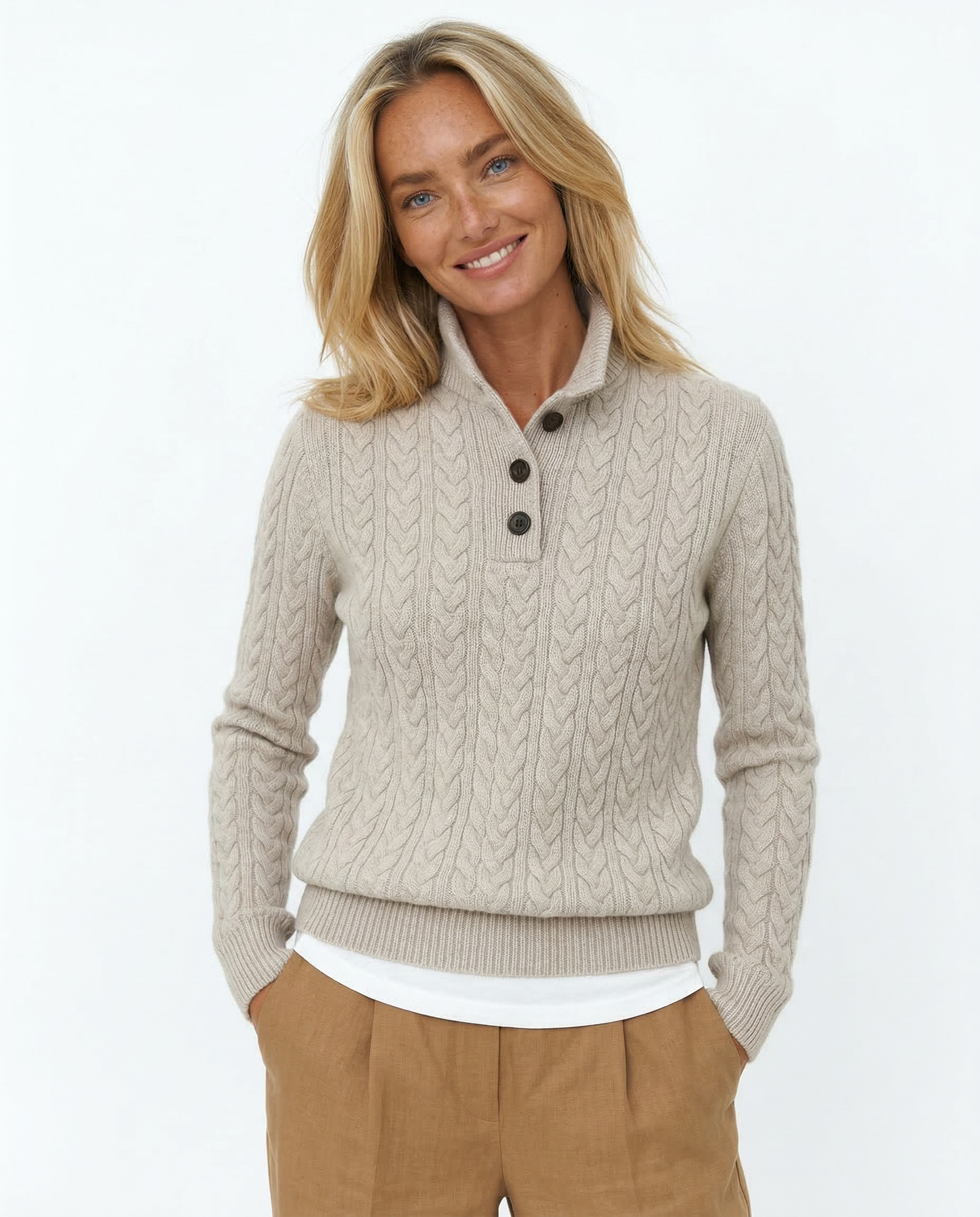 Aveline | Cable Knit Button Henley Cashmere Sweater - View 22