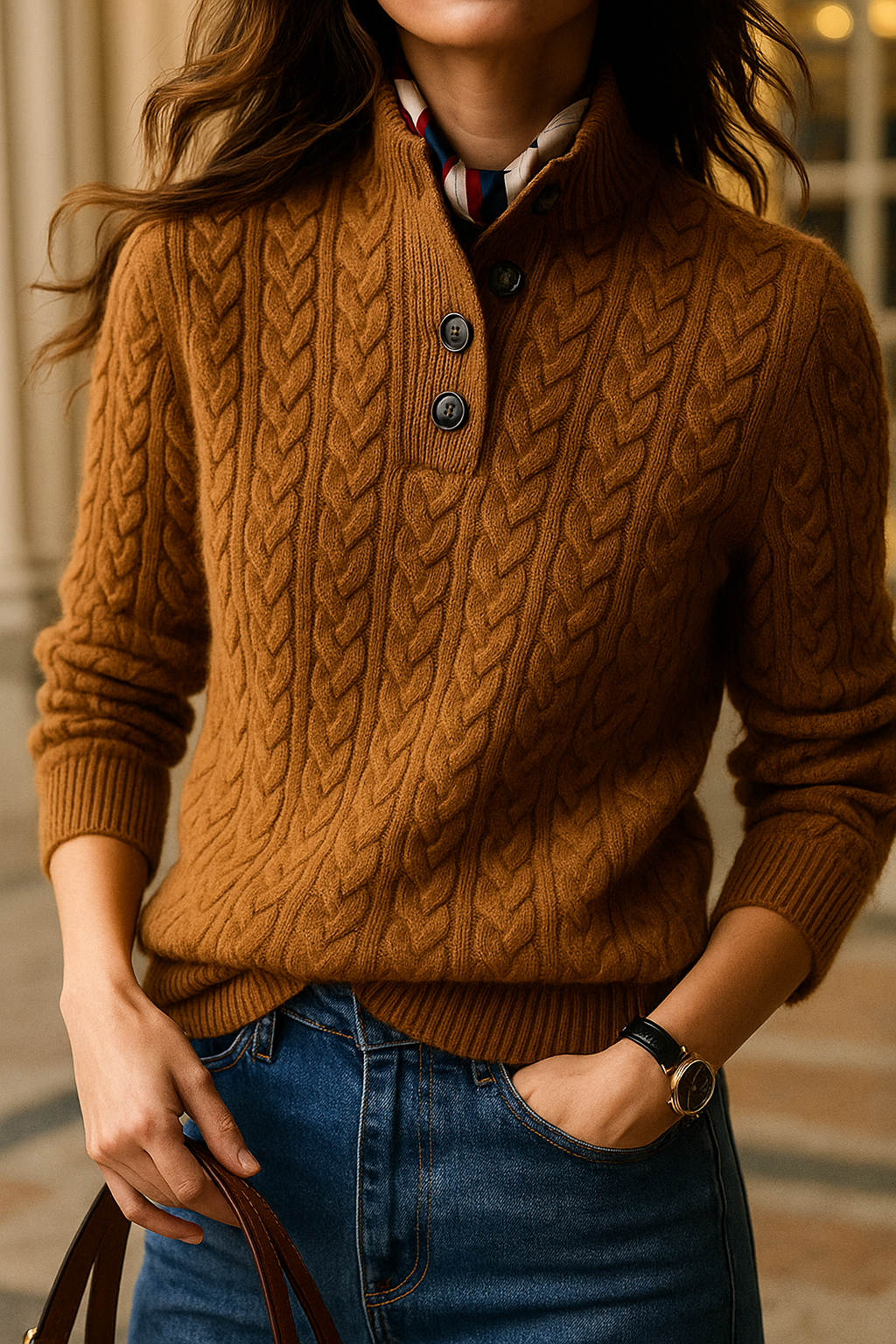 Aveline | Cable Knit Button Henley Cashmere Sweater - View 24