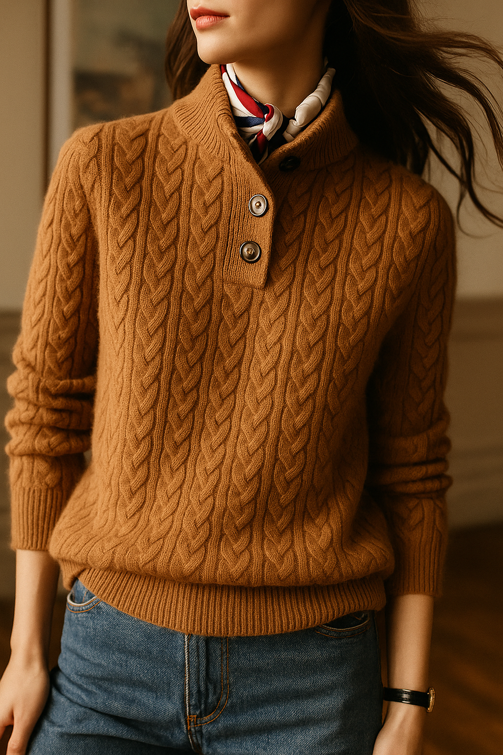 Aveline | Cable Knit Button Henley Cashmere Sweater - View 25