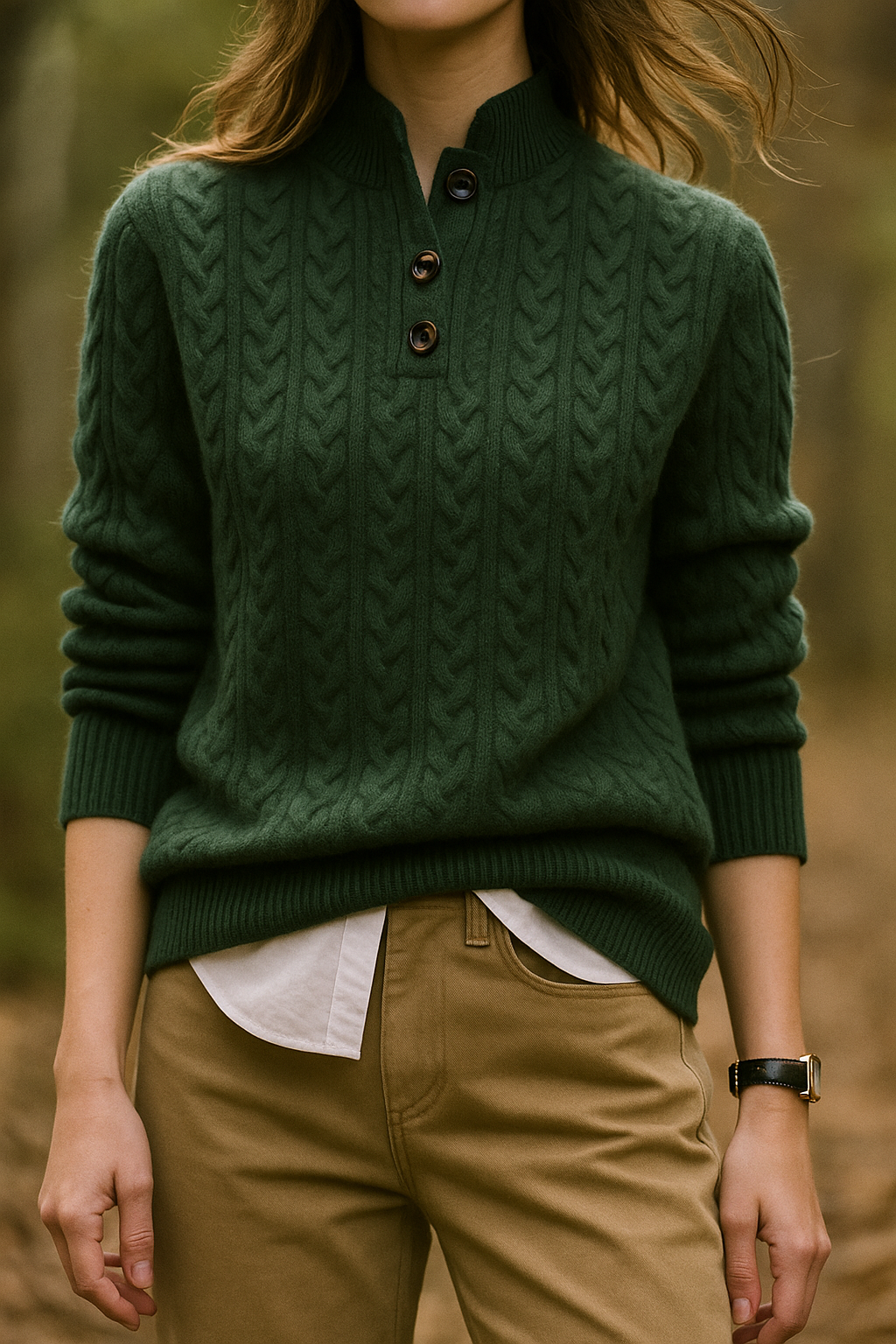 Aveline | Cable Knit Button Henley Cashmere Sweater - View 26