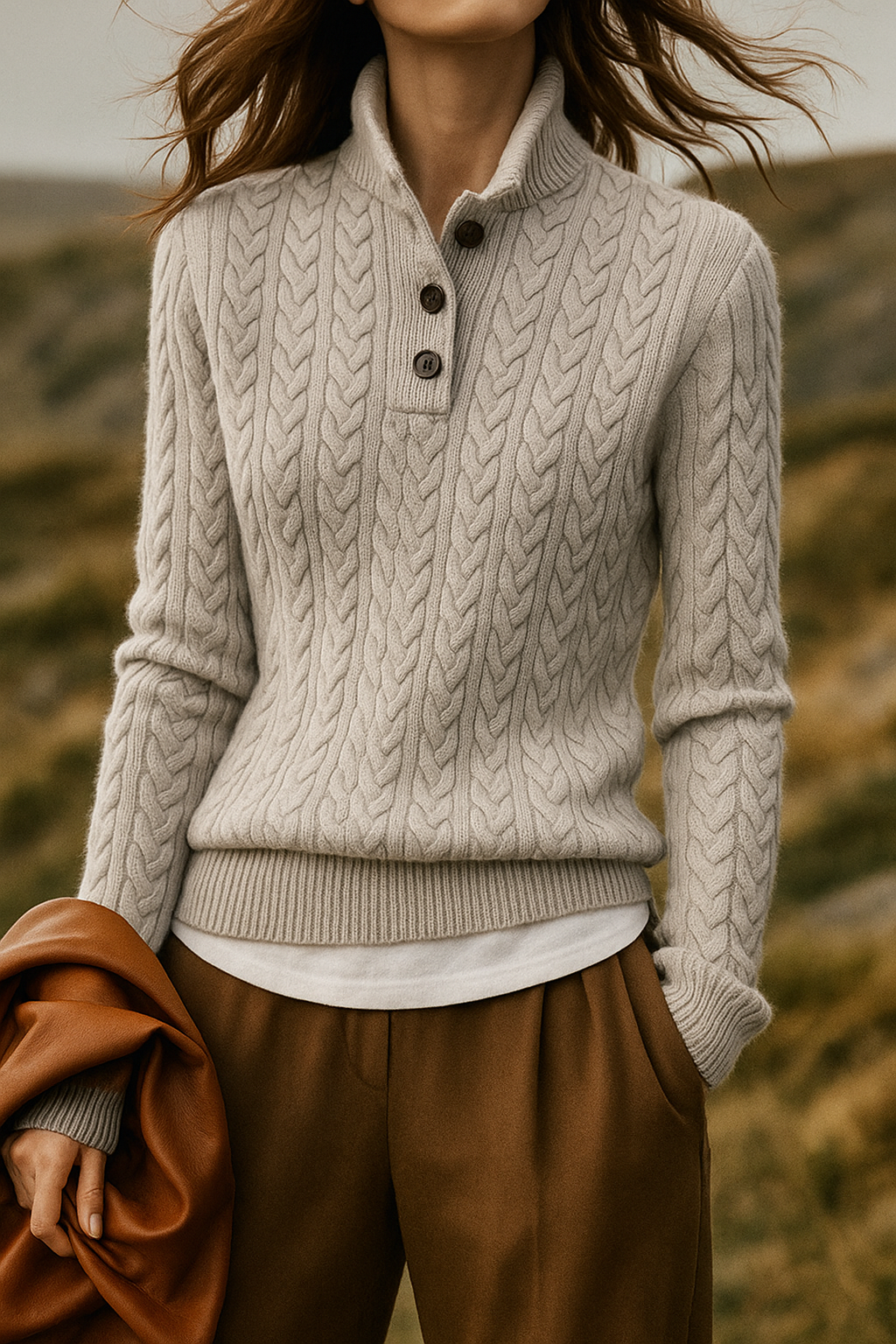Aveline | Cable Knit Button Henley Cashmere Sweater - View 28