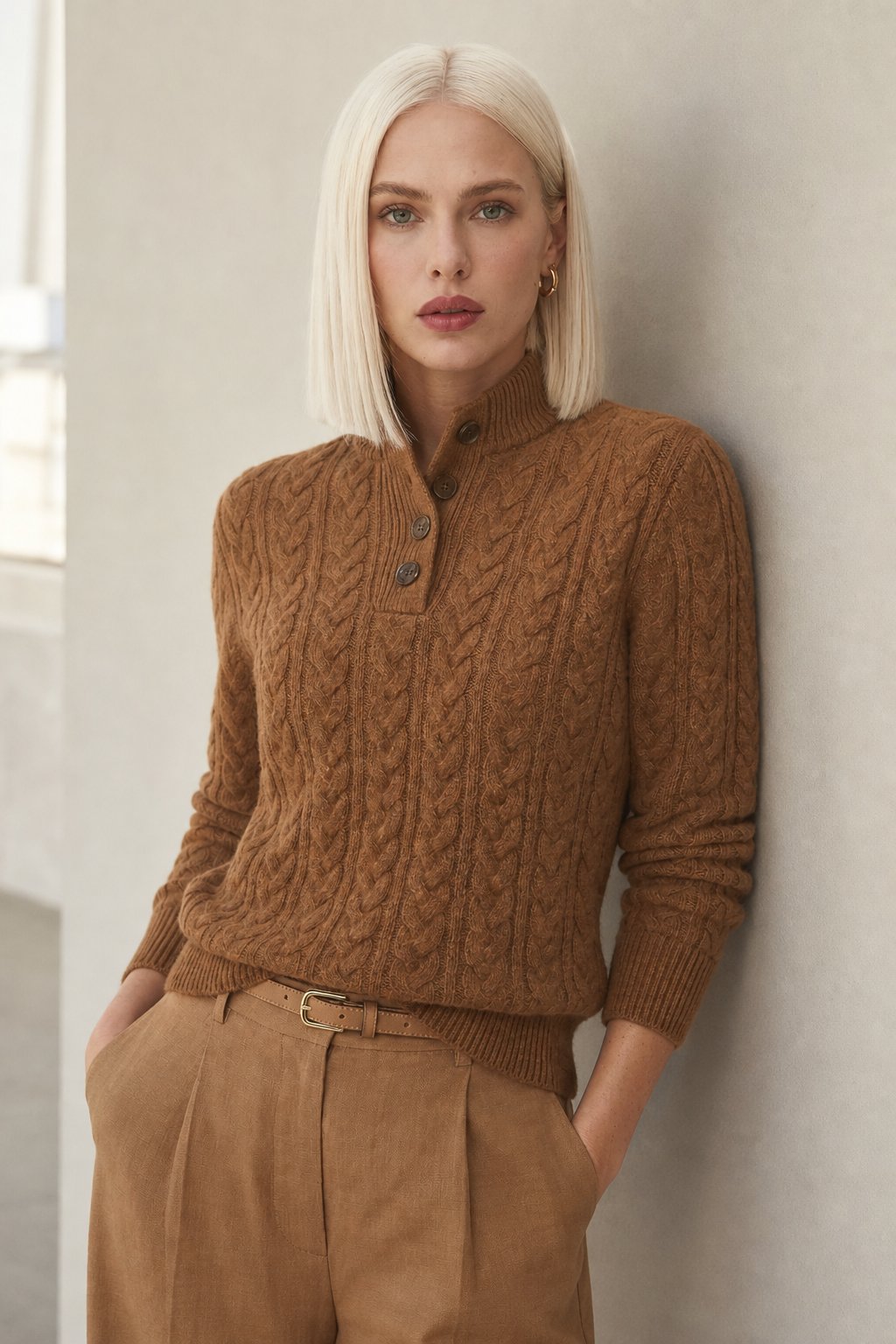 Aveline | Cable Knit Button Henley Cashmere Sweater - View 3