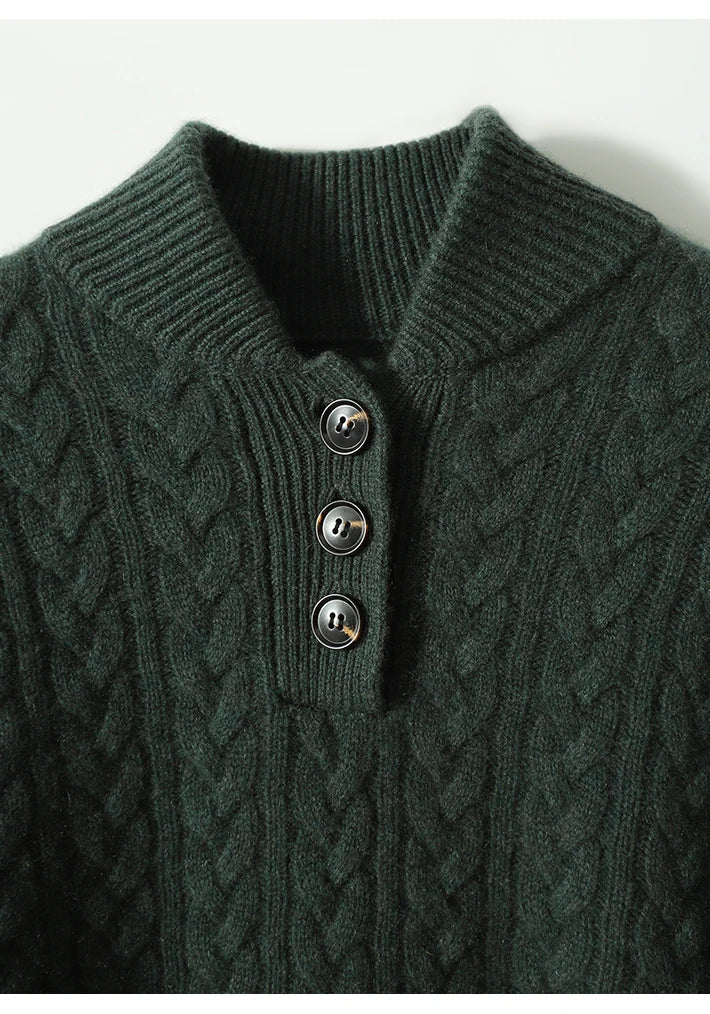 Aveline | Cable Knit Button Henley Cashmere Sweater - View 30