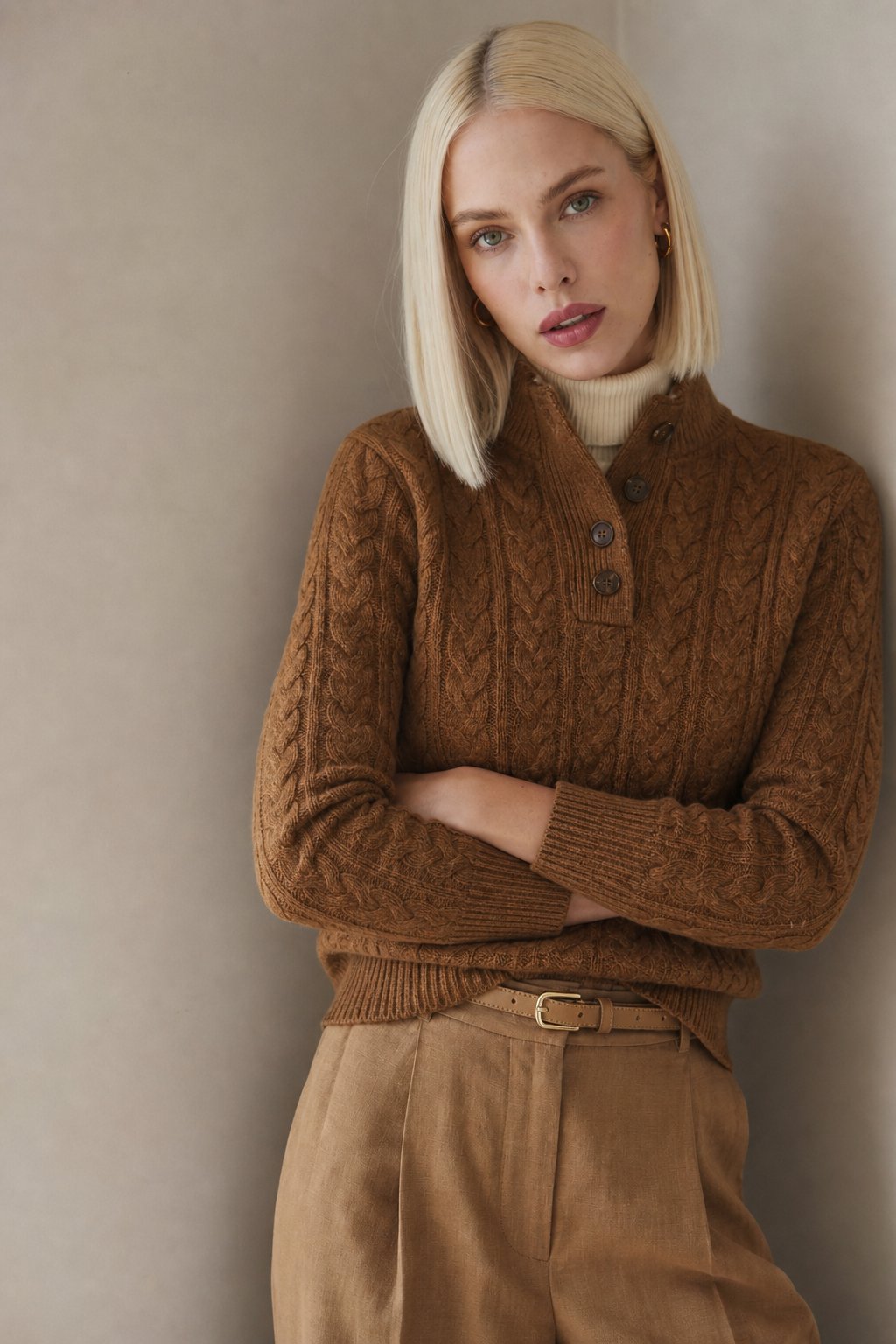 Aveline | Cable Knit Button Henley Cashmere Sweater - View 4