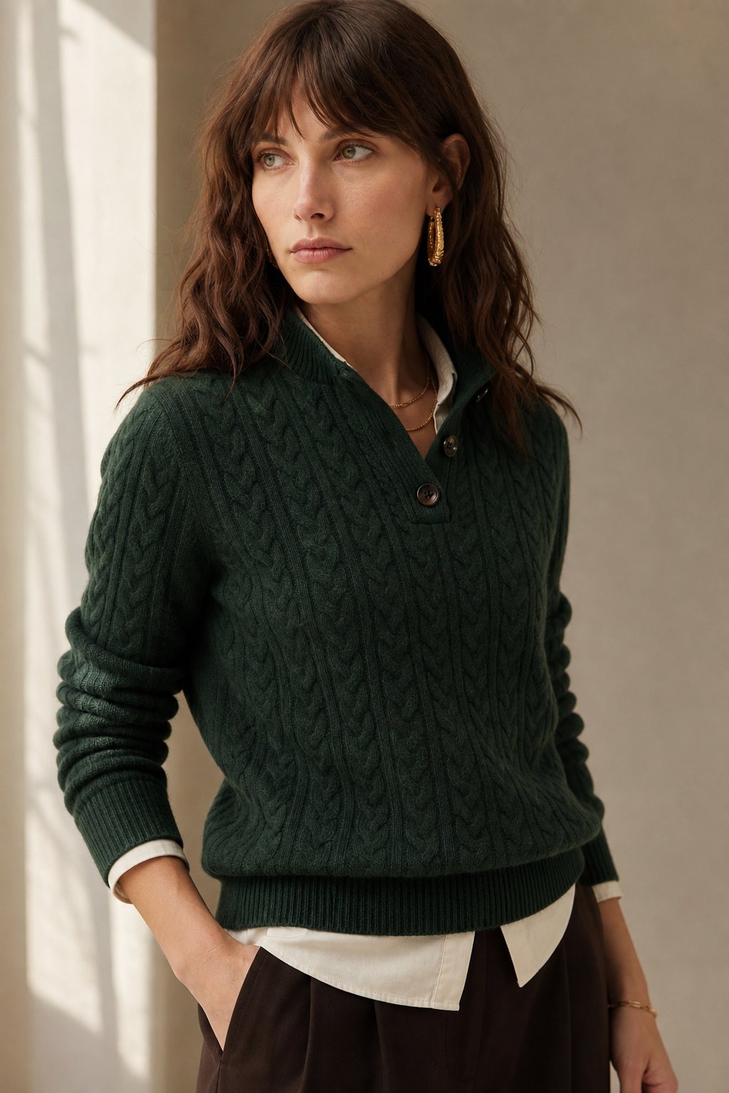 Aveline | Cable Knit Button Henley Cashmere Sweater - View 6