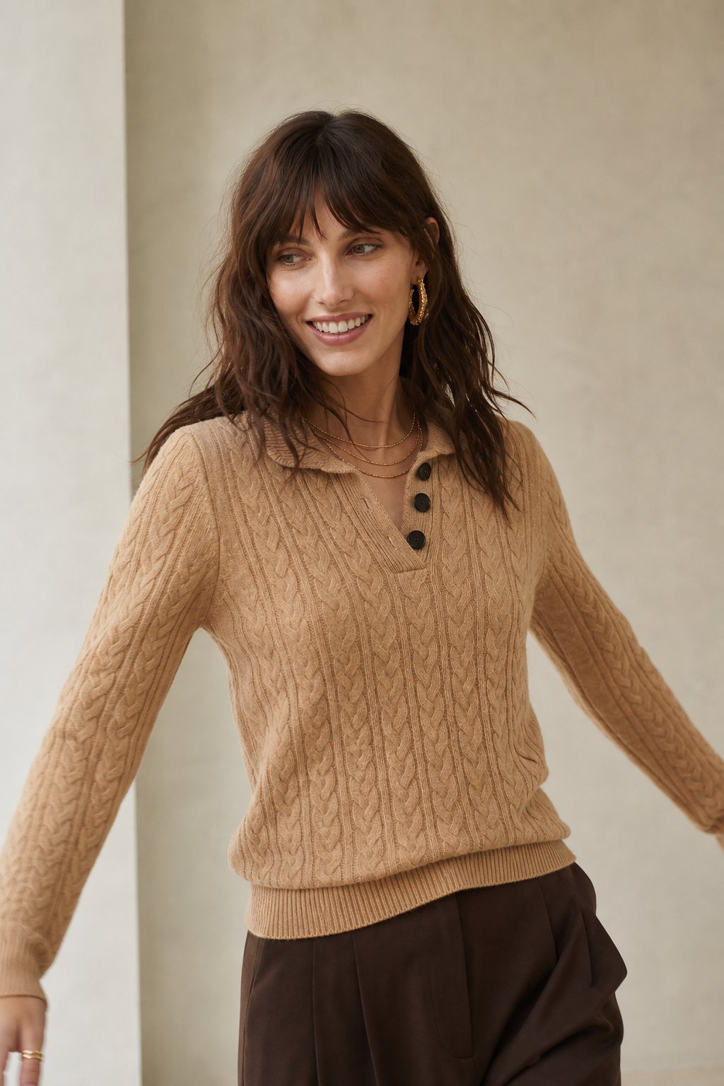 Aveline | Cable Knit Button Henley Cashmere Sweater - View 7