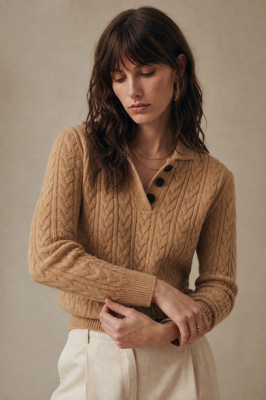 Aveline | Cable Knit Button Henley Cashmere Sweater - View 8