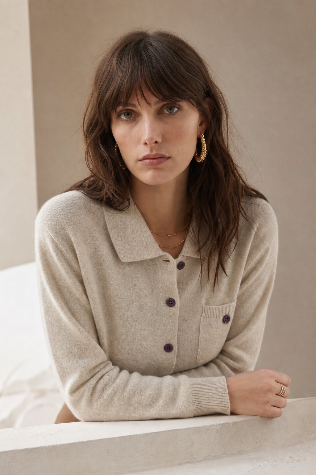 Beatrix | Chest Pocket Polo Collar Merino Wool Cardigan