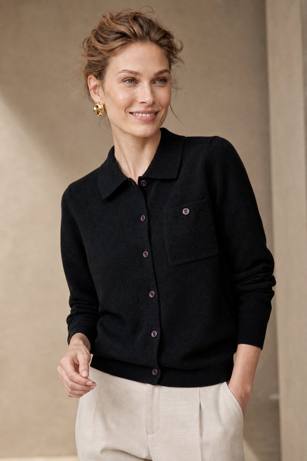 Beatrix | Chest Pocket Polo Collar Merino Wool Cardigan - View 10