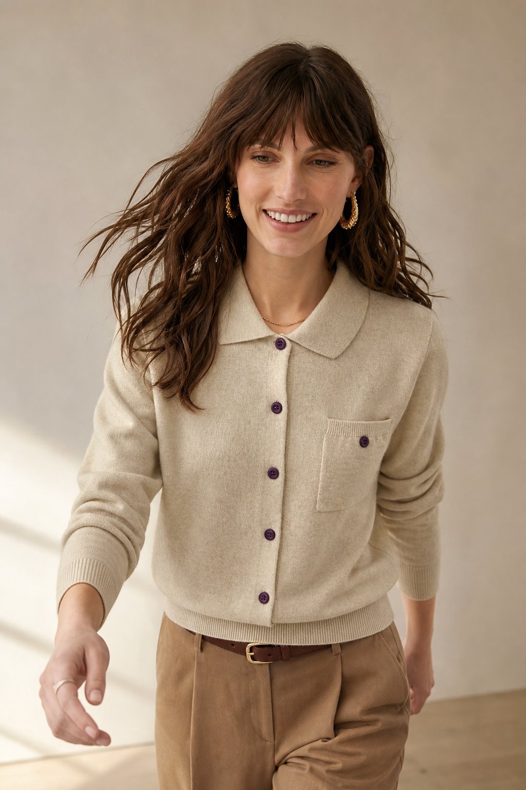 Beatrix | Chest Pocket Polo Collar Merino Wool Cardigan - View 2