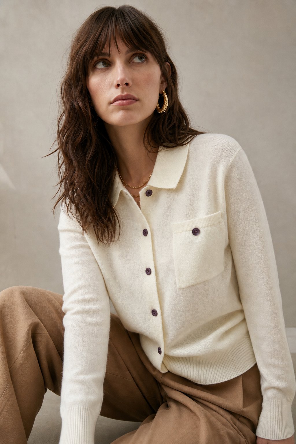 Beatrix | Chest Pocket Polo Collar Merino Wool Cardigan - View 3