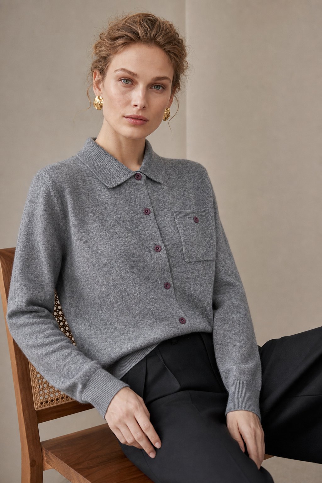 Beatrix | Chest Pocket Polo Collar Merino Wool Cardigan - View 5