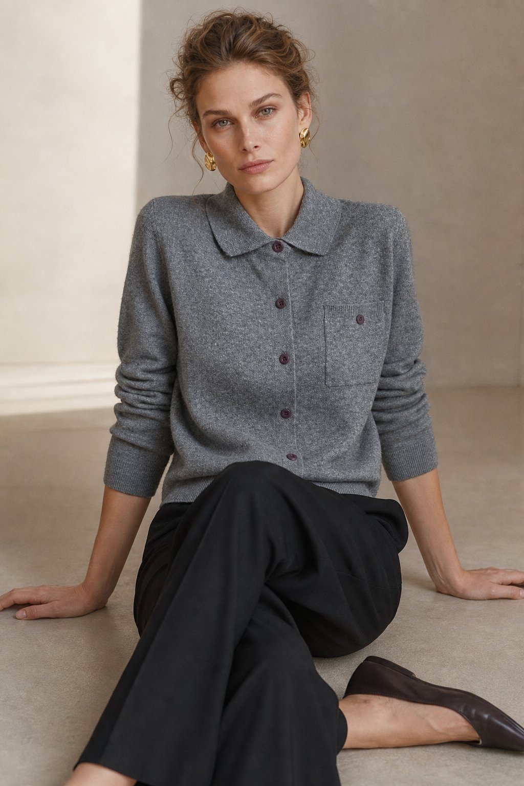 Beatrix | Chest Pocket Polo Collar Merino Wool Cardigan - View 6