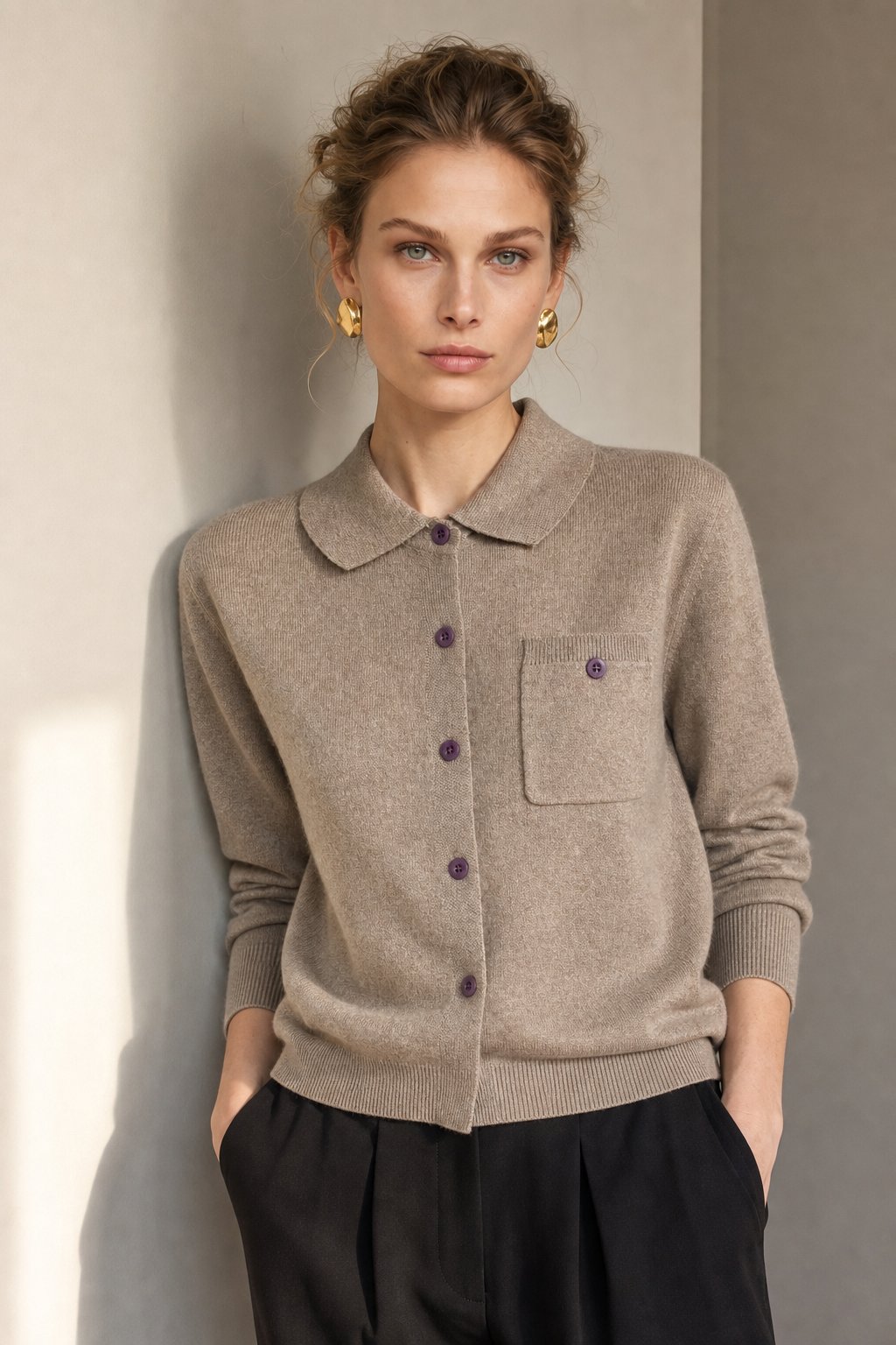 Beatrix | Chest Pocket Polo Collar Merino Wool Cardigan - View 7