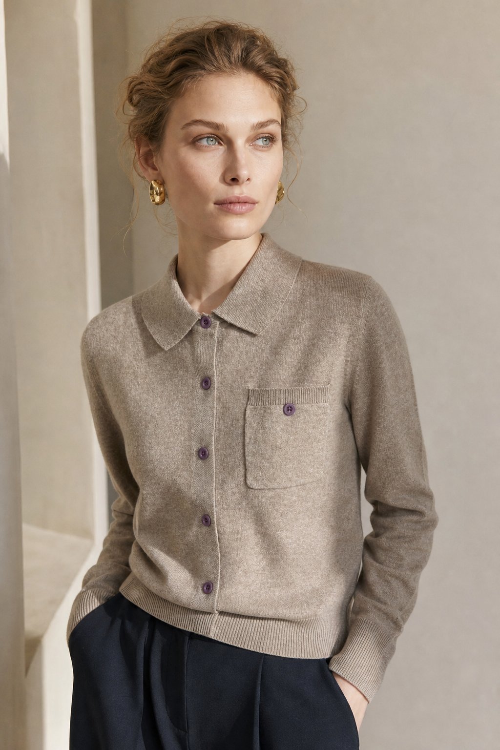 Beatrix | Chest Pocket Polo Collar Merino Wool Cardigan - View 8