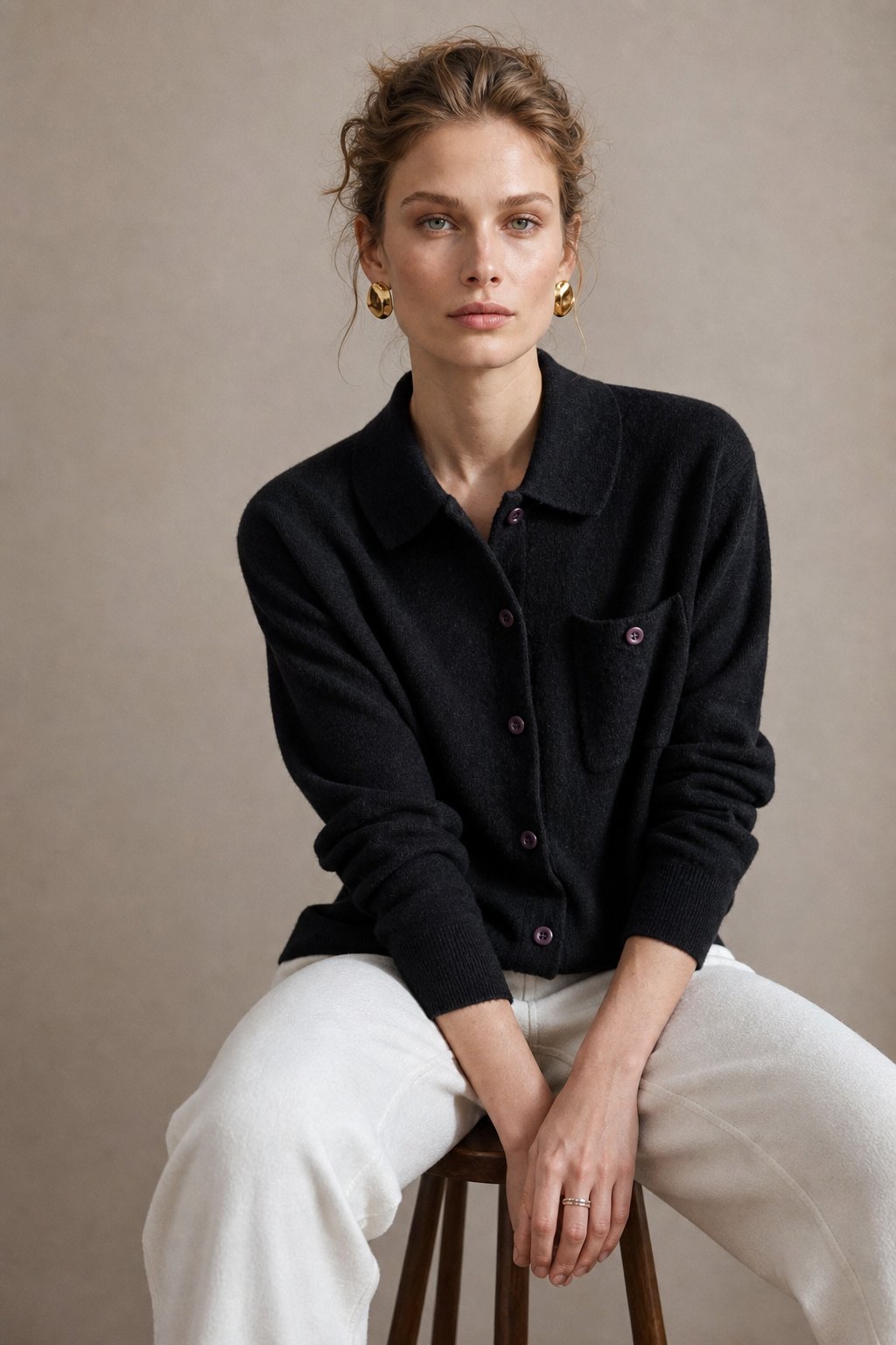 Beatrix | Chest Pocket Polo Collar Merino Wool Cardigan - View 9
