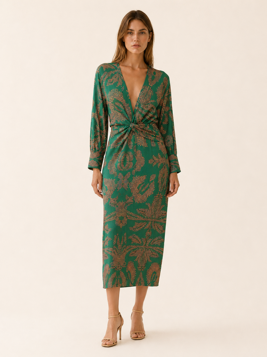 Bibi | Twist Knot Front Blouson Sleeve Printed Midi Dress