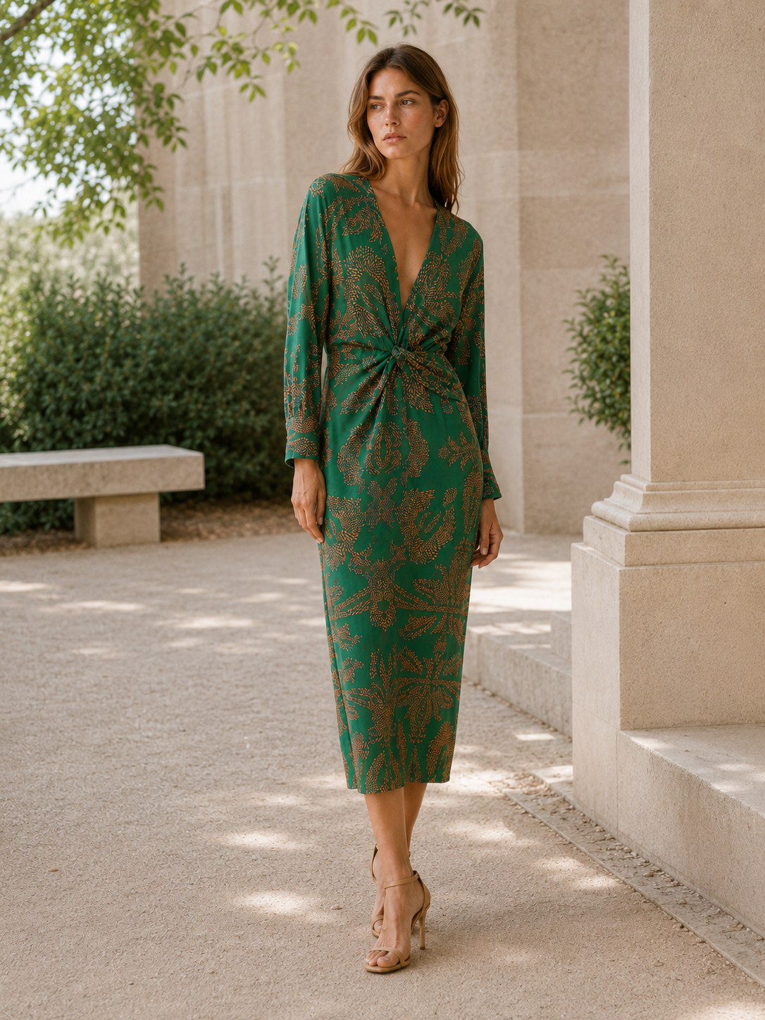 Bibi | Twist Knot Front Blouson Sleeve Printed Midi Dress - View 3