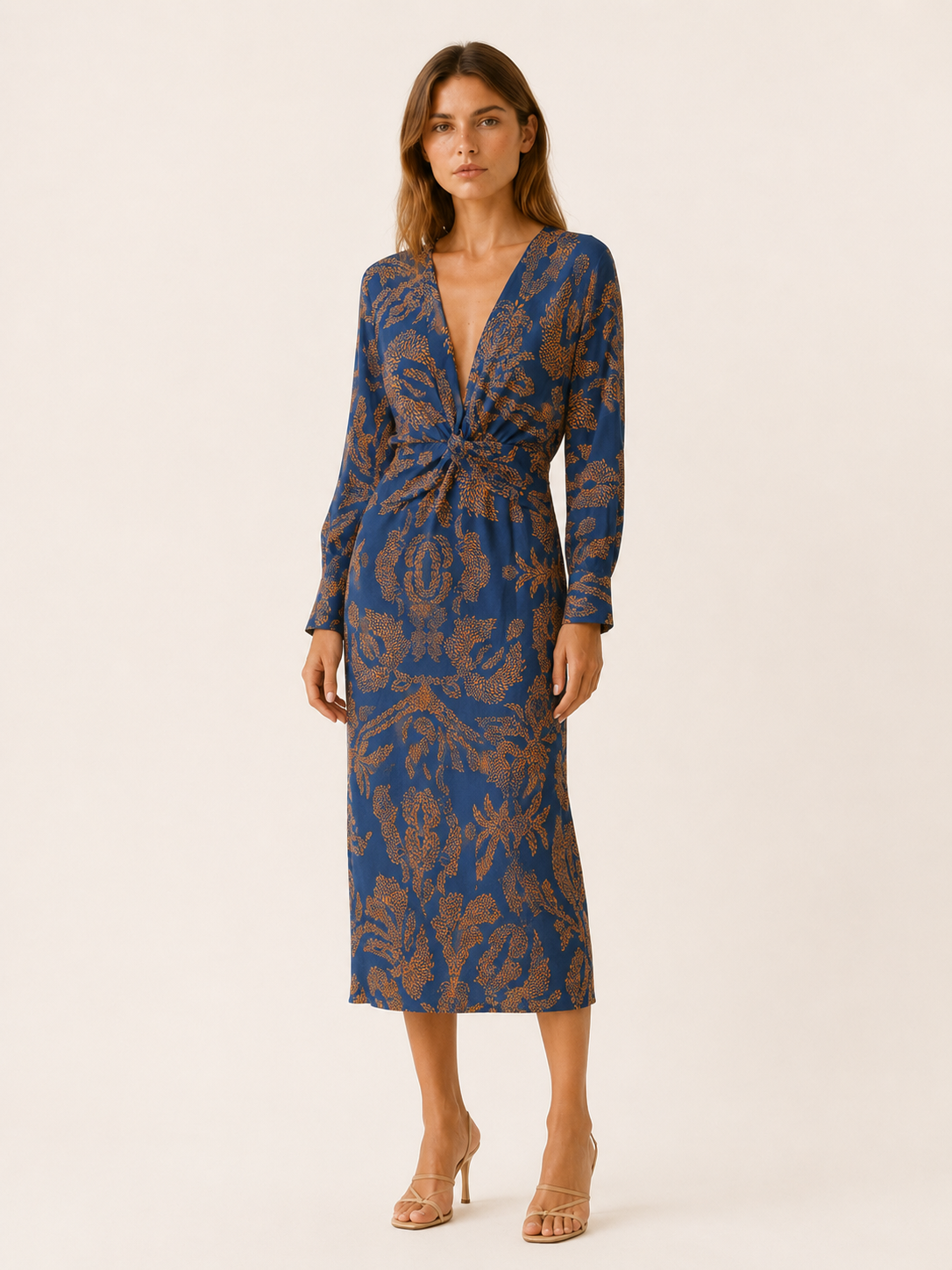 Bibi | Twist Knot Front Blouson Sleeve Printed Midi Dress - View 4