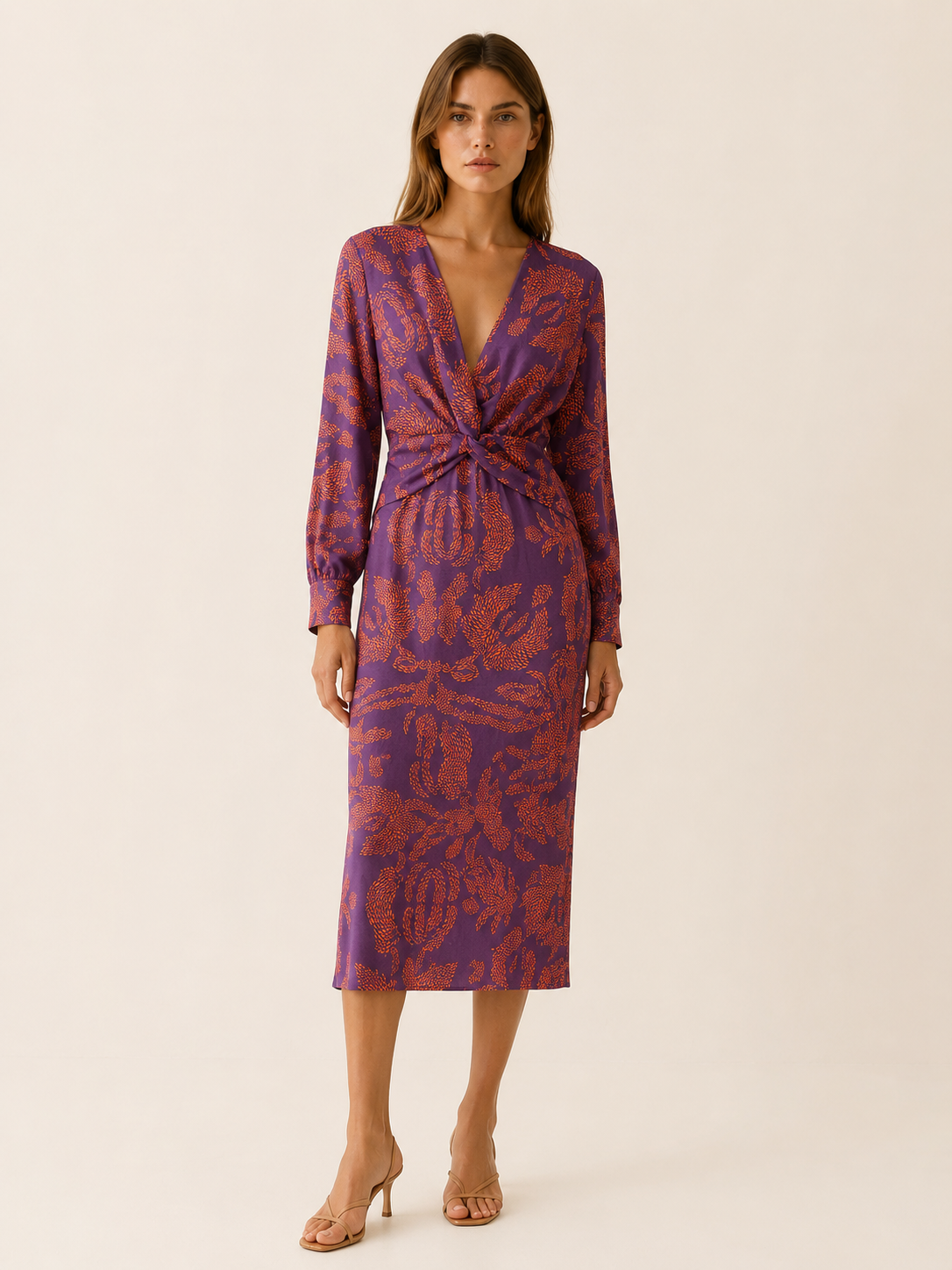 Bibi | Twist Knot Front Blouson Sleeve Printed Midi Dress - View 5