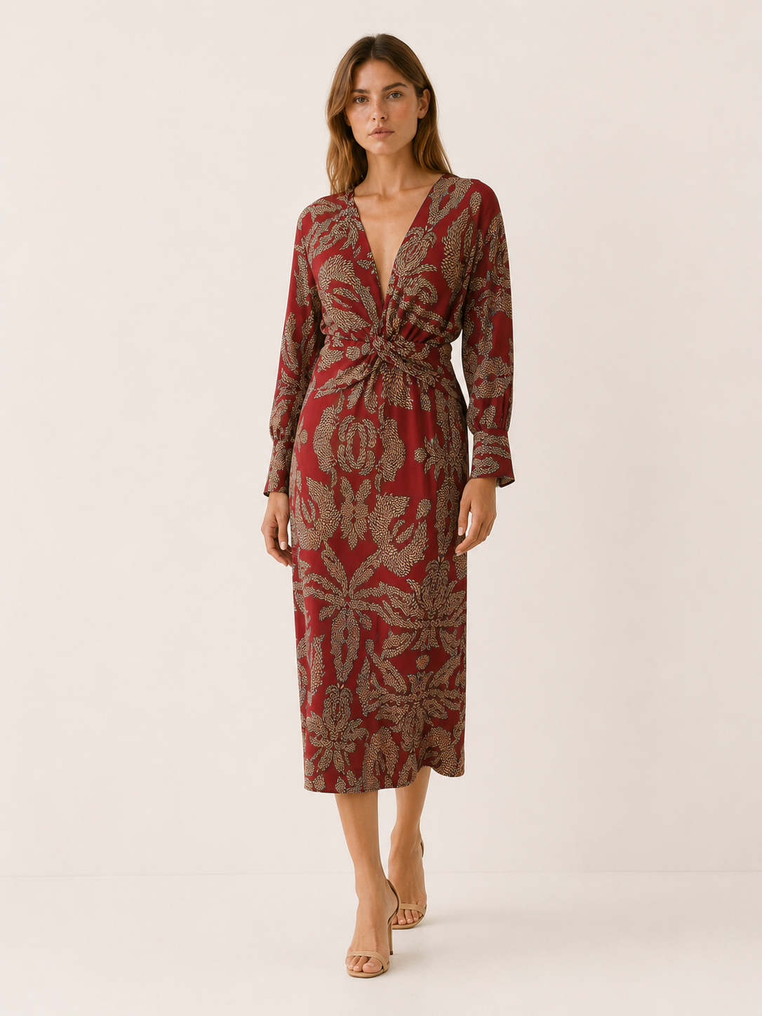 Bibi | Twist Knot Front Blouson Sleeve Printed Midi Dress - View 6