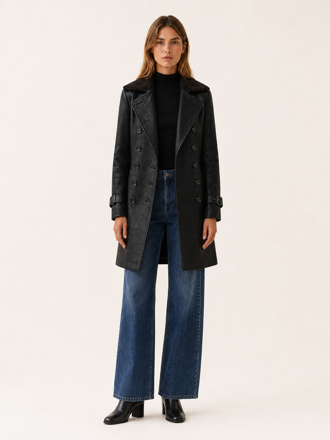 Blanca | Shearling Collar Double Breasted Faux Leather Coat