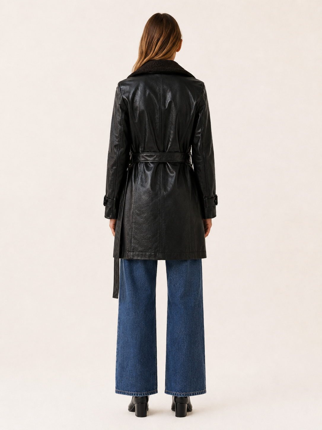Blanca | Shearling Collar Double Breasted Faux Leather Coat - View 2