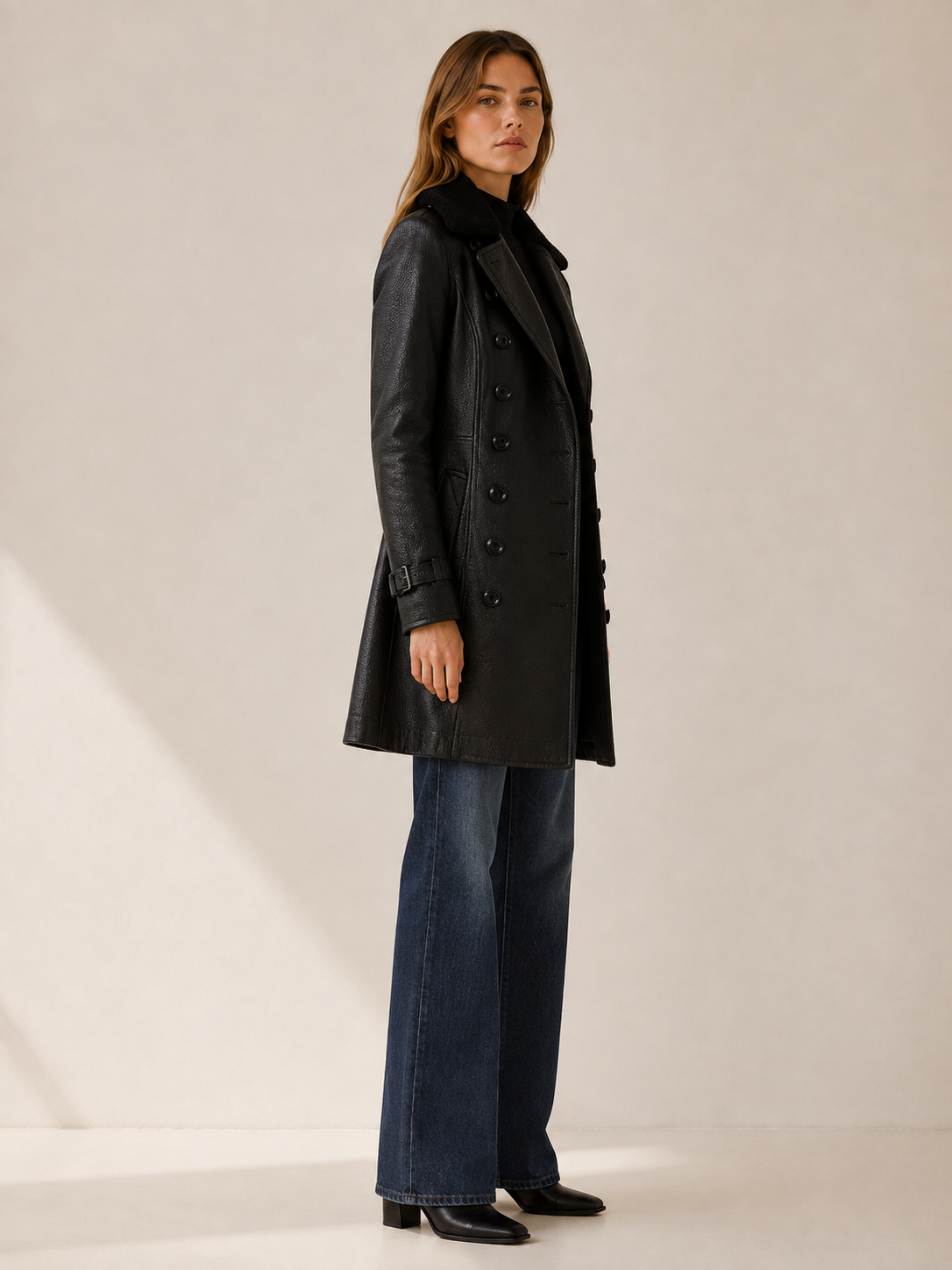 Blanca | Shearling Collar Double Breasted Faux Leather Coat - View 3