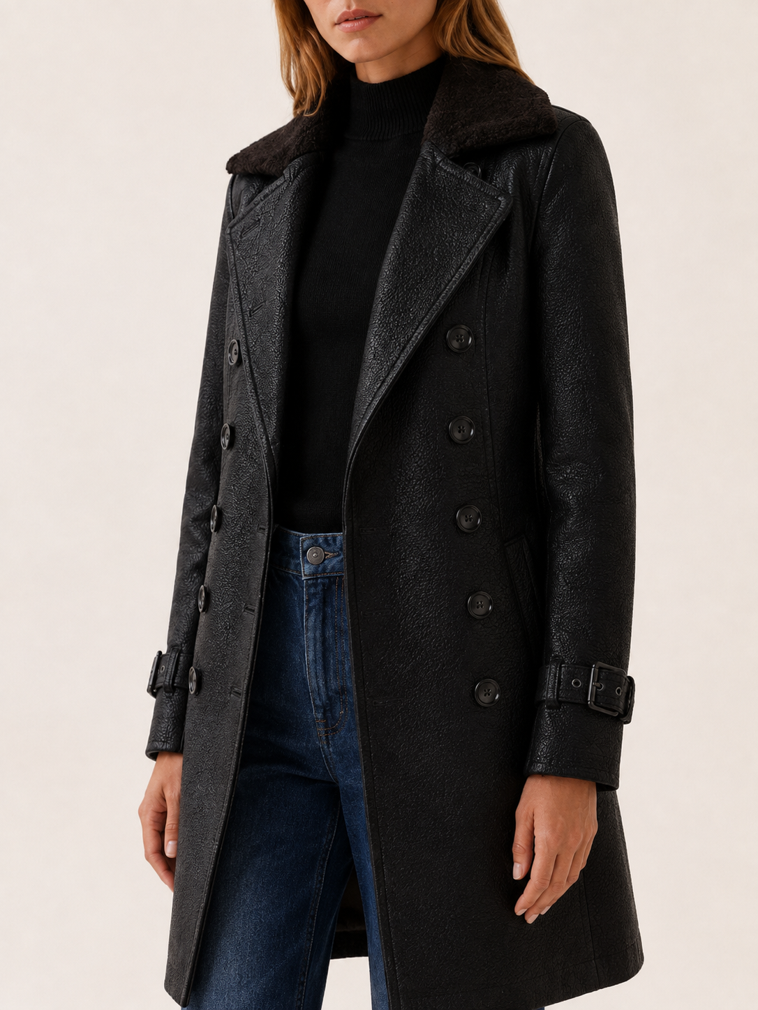 Blanca | Shearling Collar Double Breasted Faux Leather Coat - View 4
