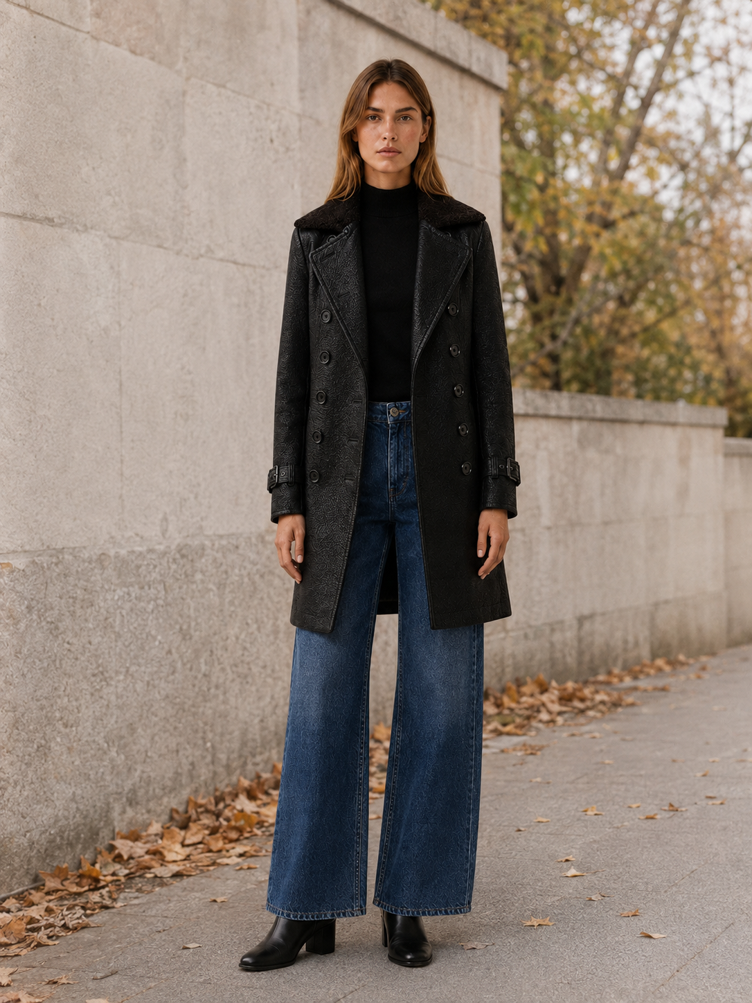 Blanca | Shearling Collar Double Breasted Faux Leather Coat - View 5