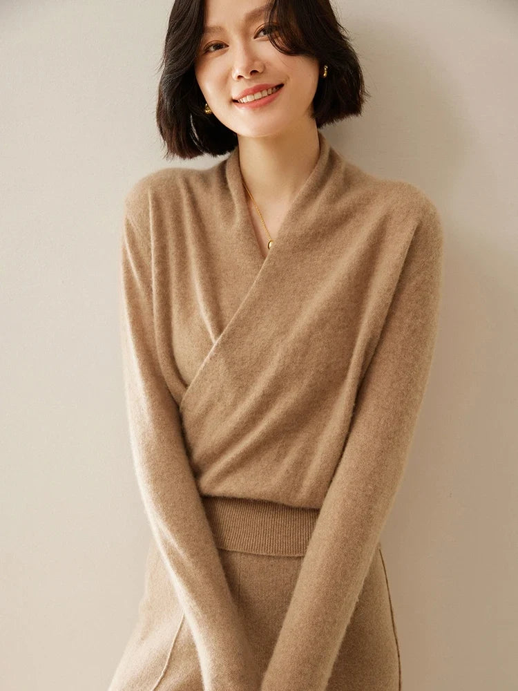Bridget | Wrap Front Shawl Collar Cashmere Sweater - View 32