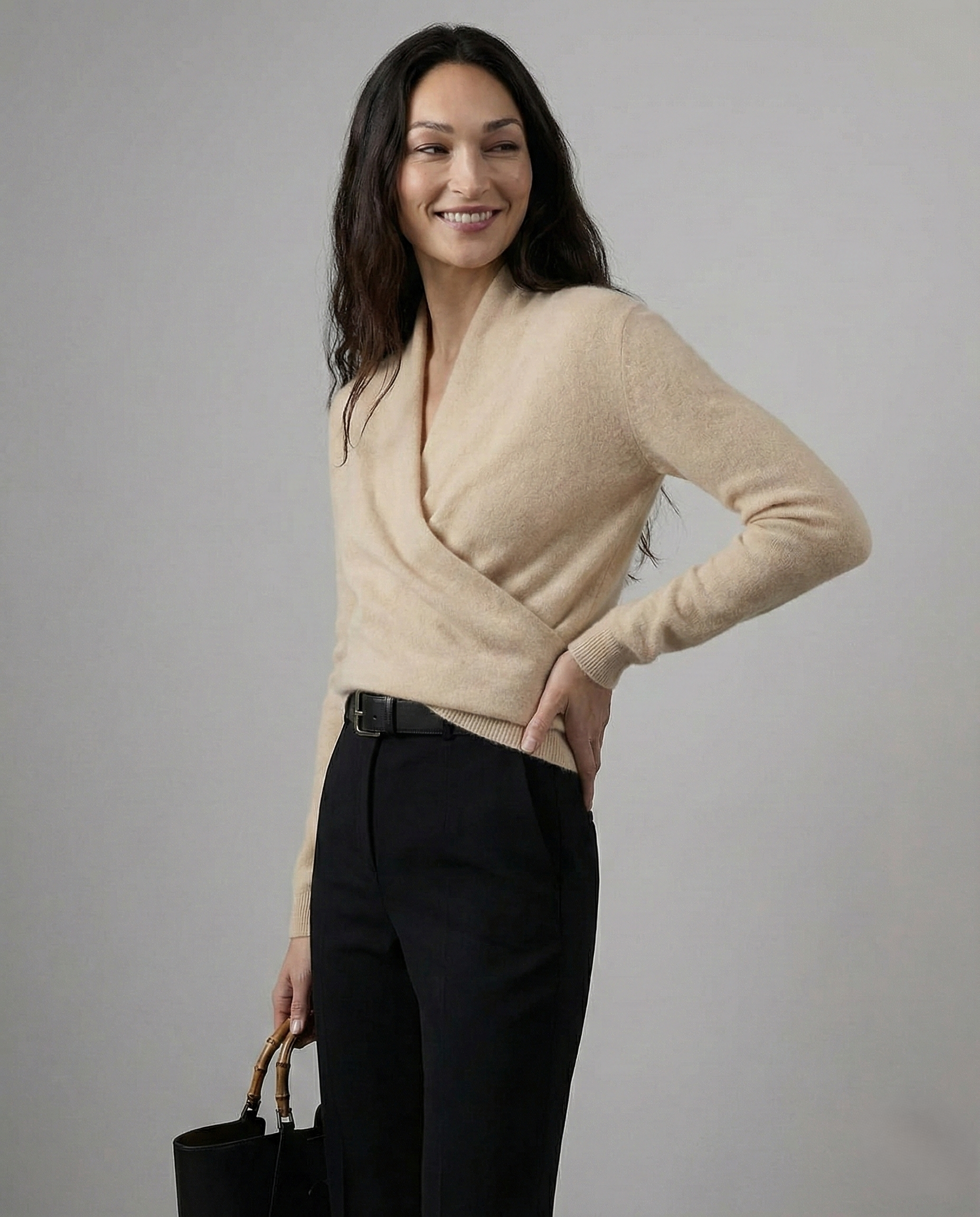 Bridget | Wrap Front Shawl Collar Cashmere Sweater - View 37